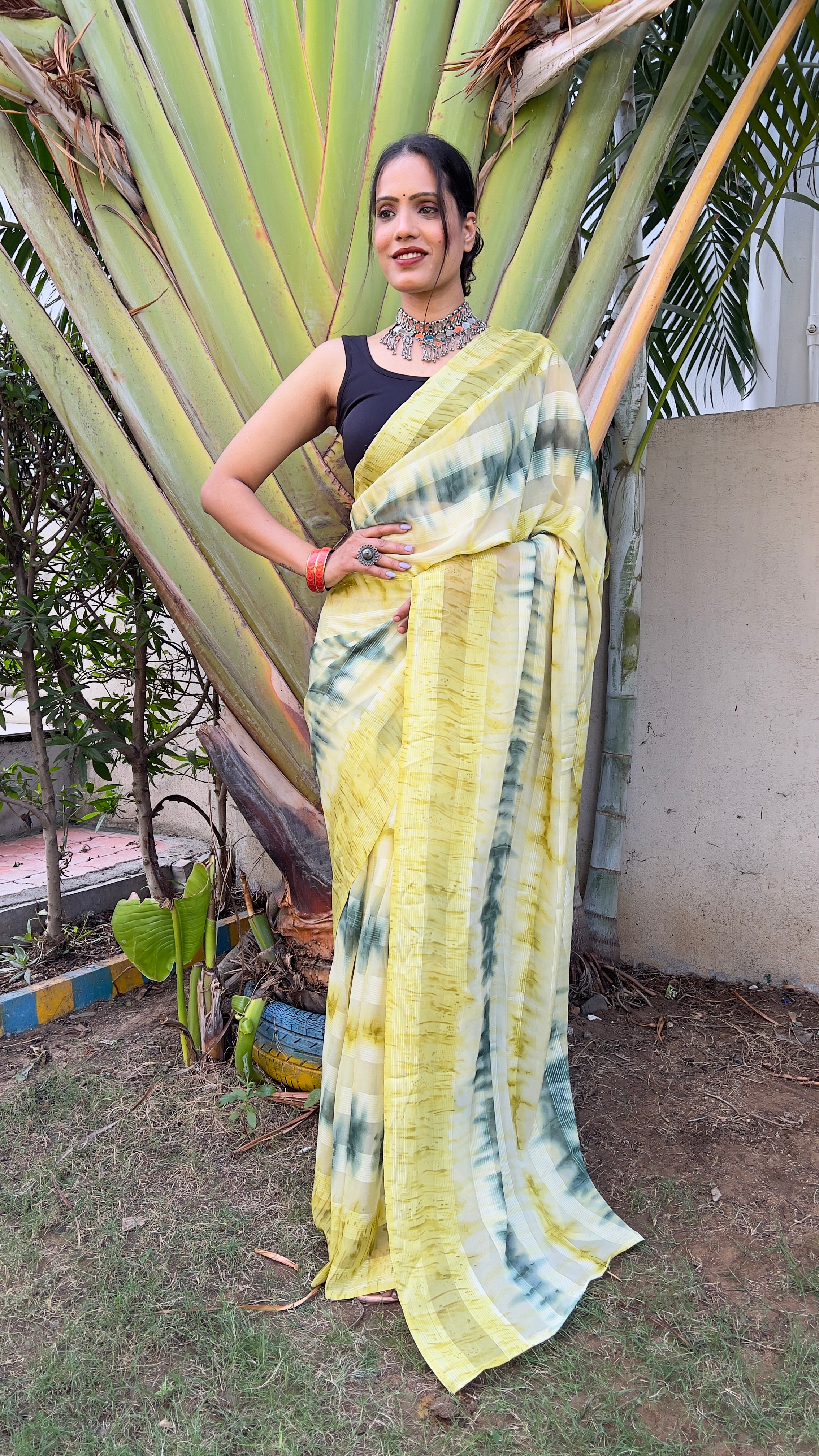 One Minute Ready to Wear New Premium Quelity Shibori Lemon Yellow Saree Divashree