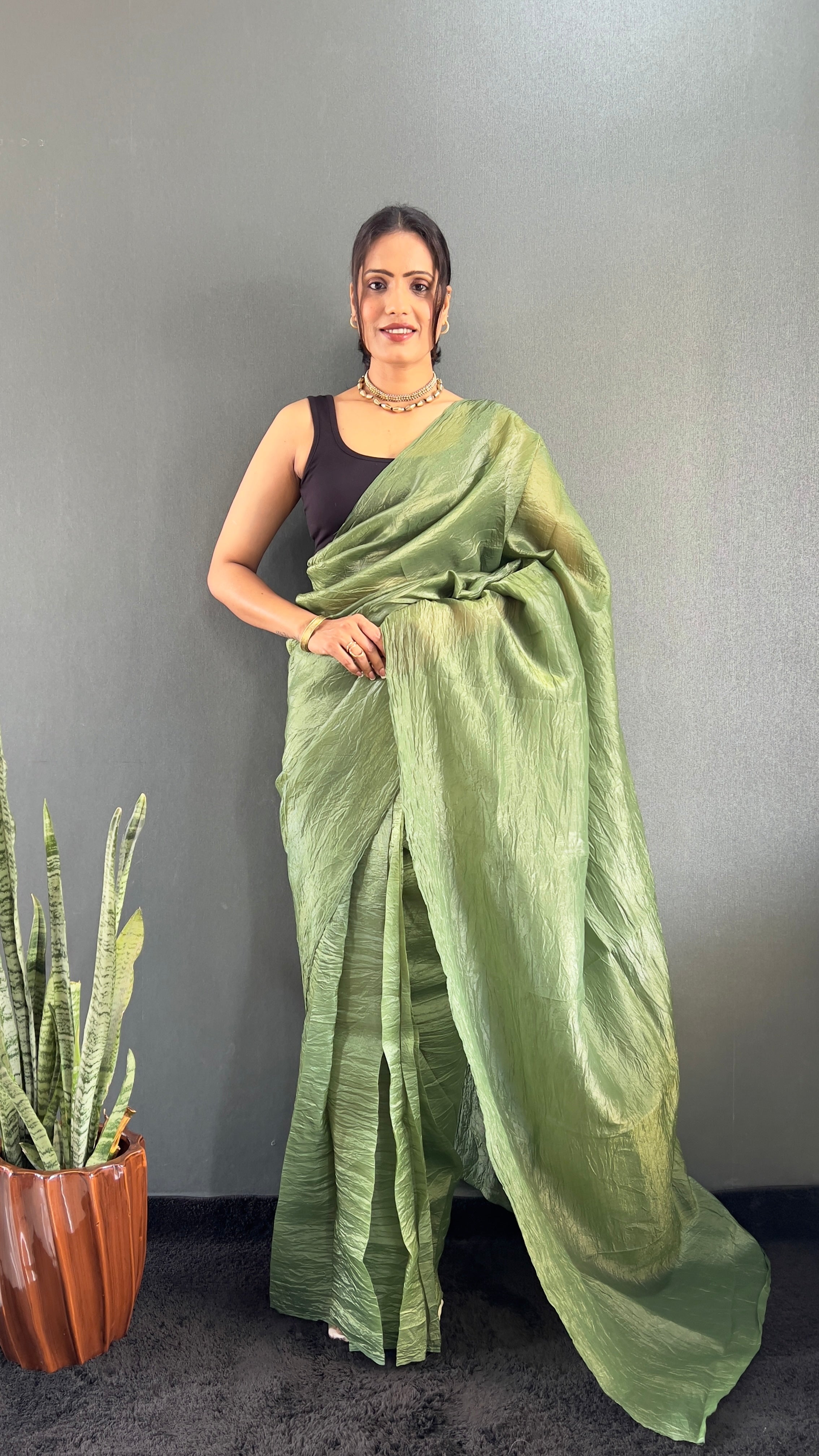 Crush One Minute Ready To Wear Green Saree With Unstiched Blouse