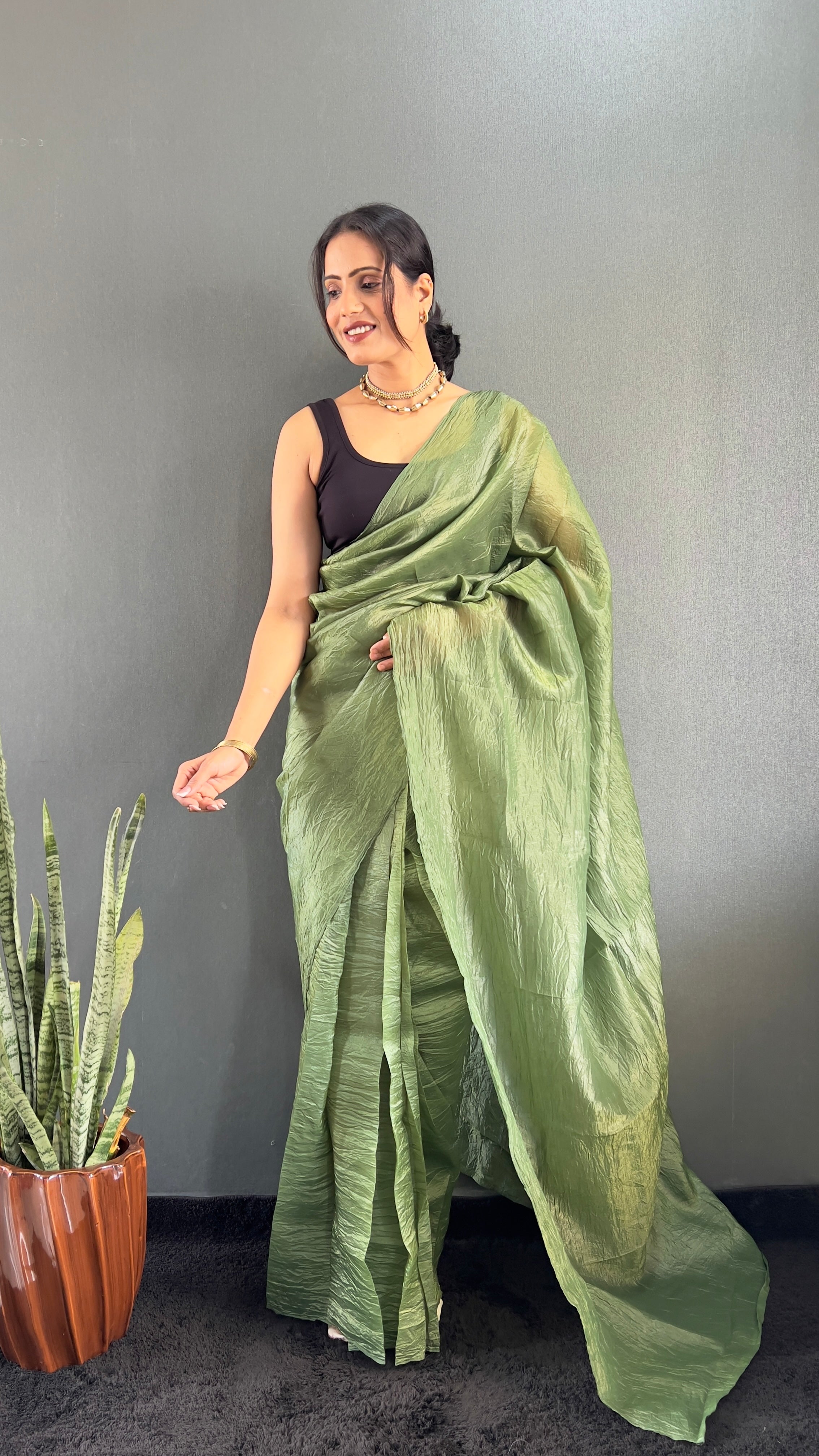 Crush One Minute Ready To Wear Green Saree With Unstiched Blouse