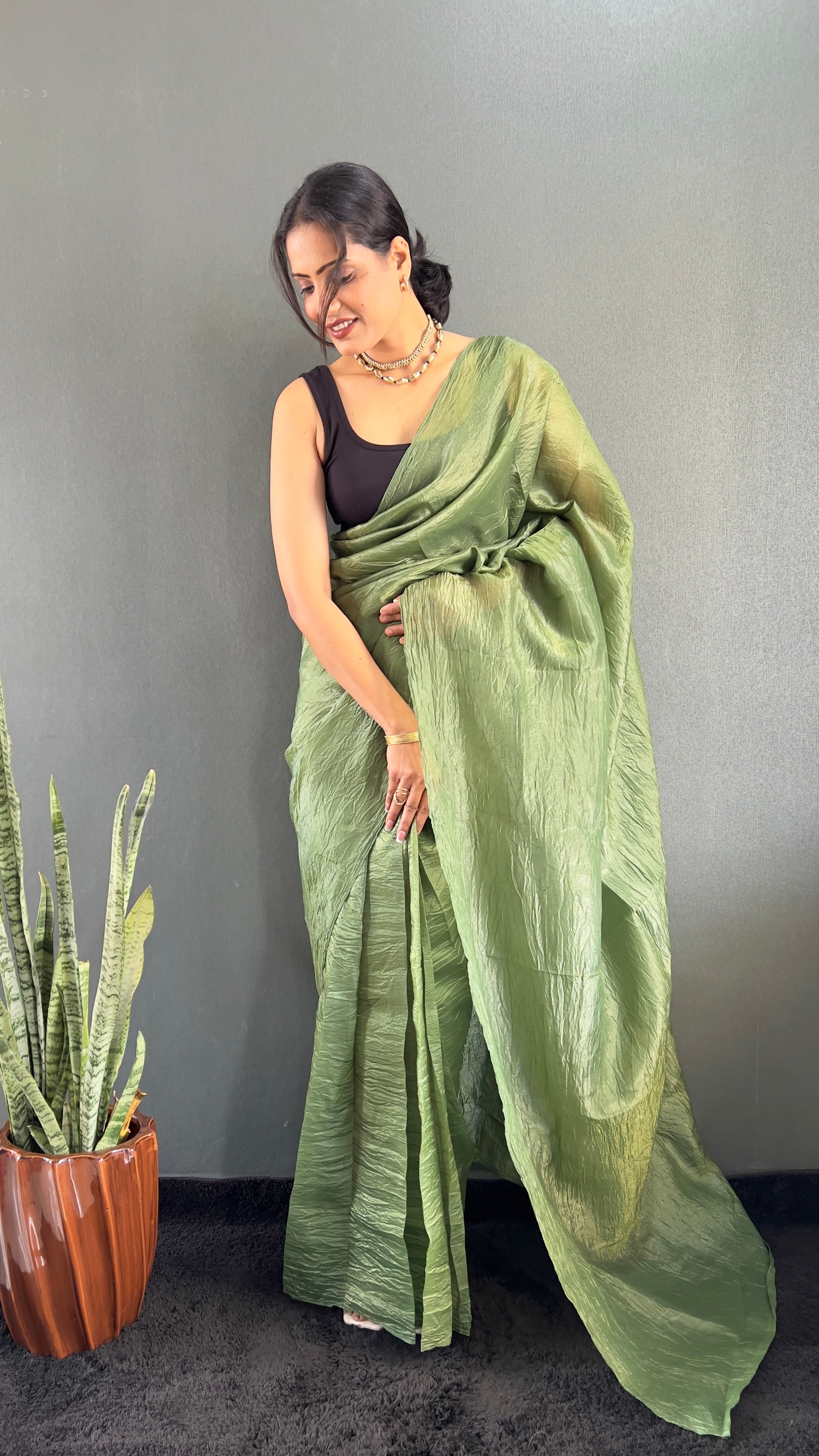 Crush One Minute Ready To Wear Green Saree With Unstiched Blouse