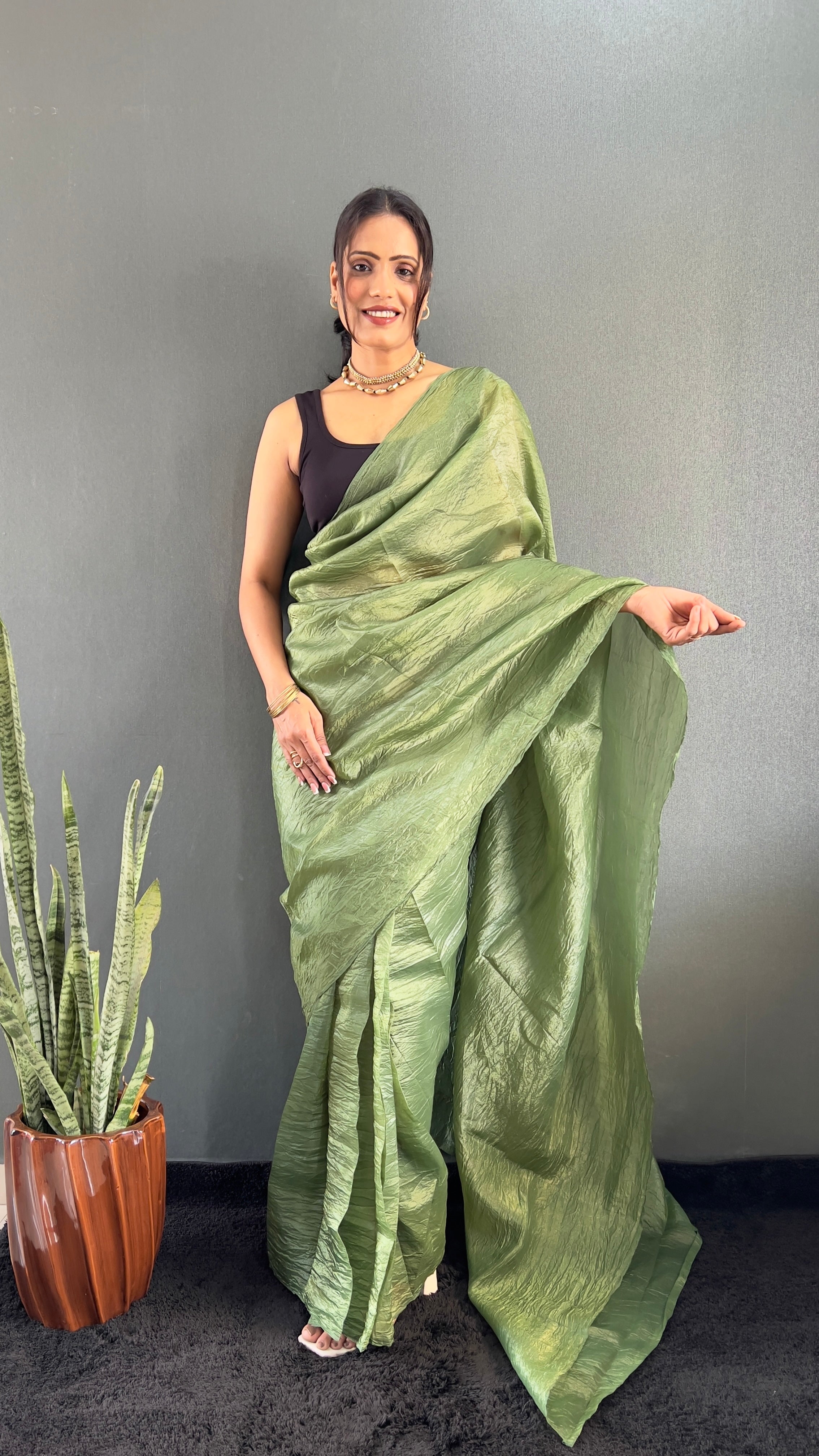 Crush One Minute Ready To Wear Green Saree With Unstiched Blouse