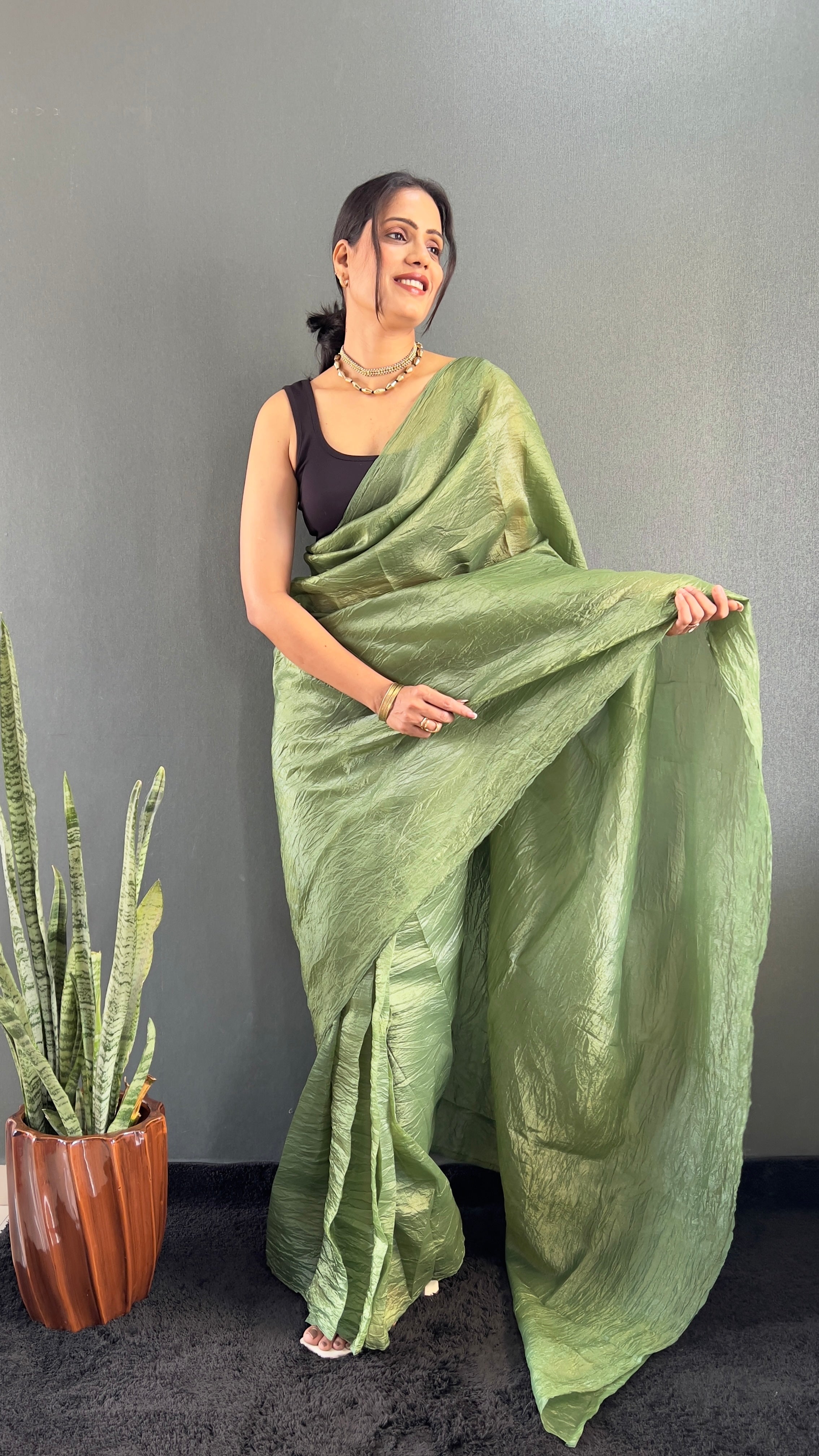 Crush One Minute Ready To Wear Green Saree With Unstiched Blouse