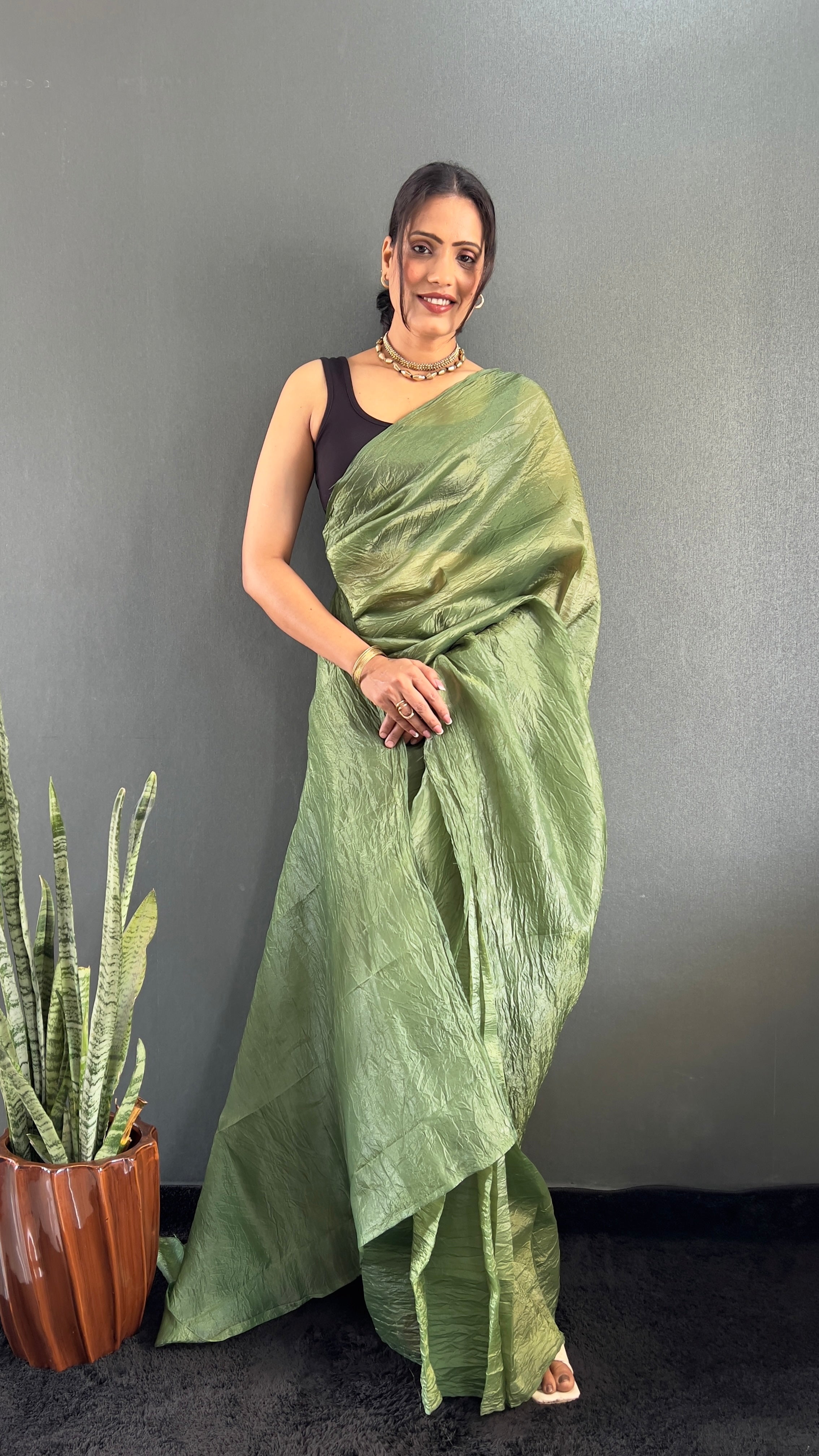 Crush One Minute Ready To Wear Green Saree With Unstiched Blouse