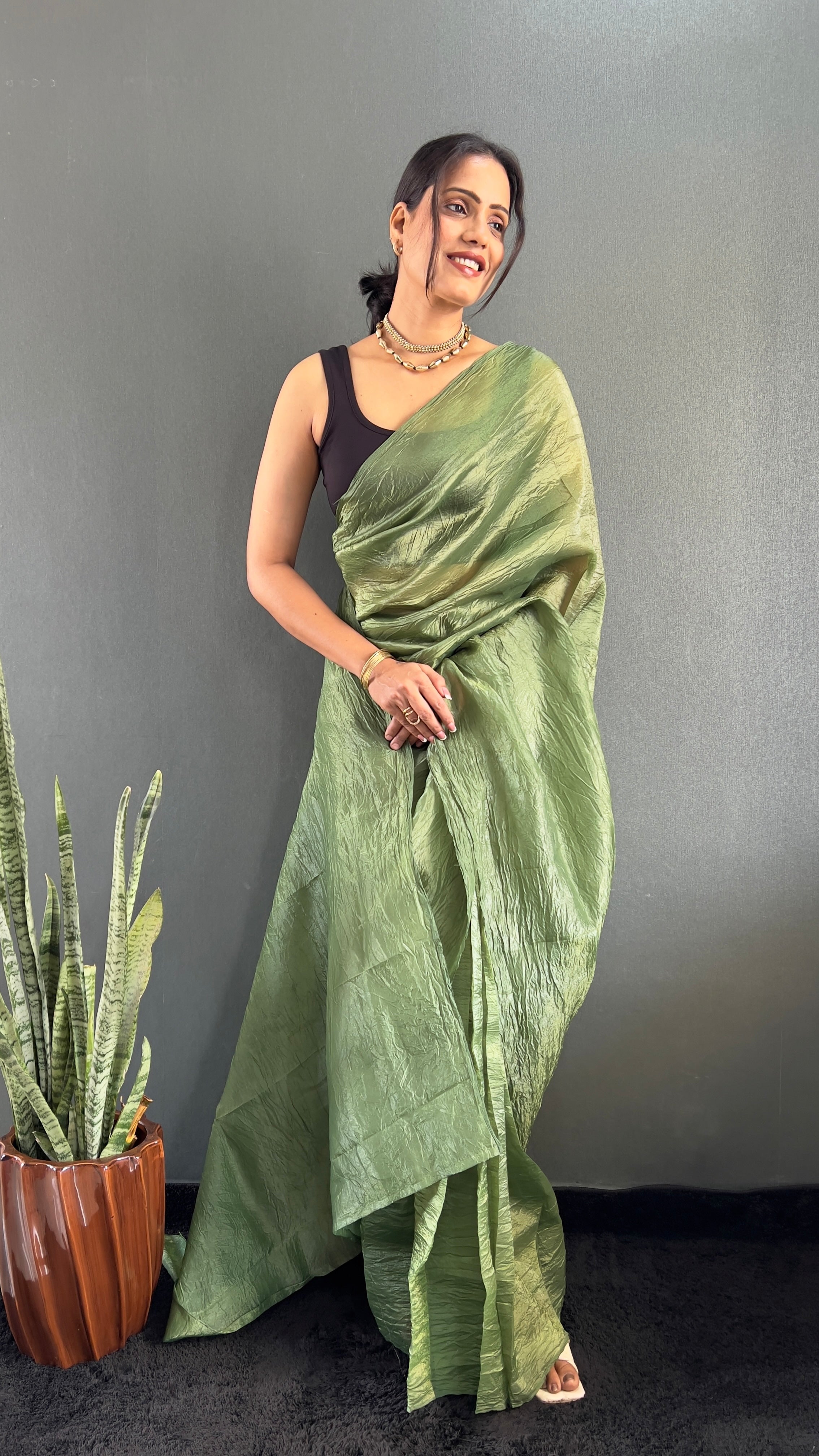 Crush One Minute Ready To Wear Green Saree With Unstiched Blouse