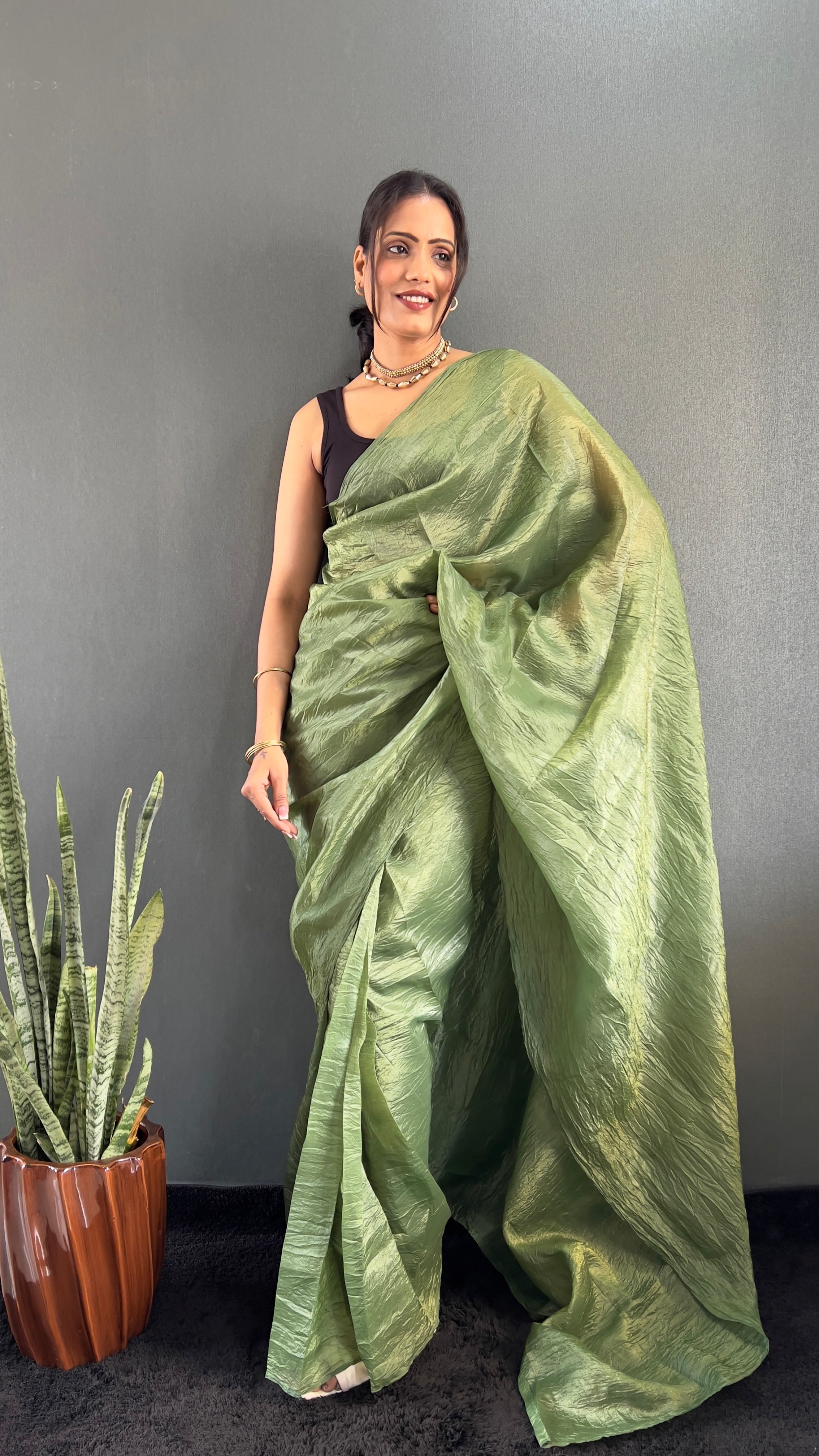 Crush One Minute Ready To Wear Green Saree With Unstiched Blouse