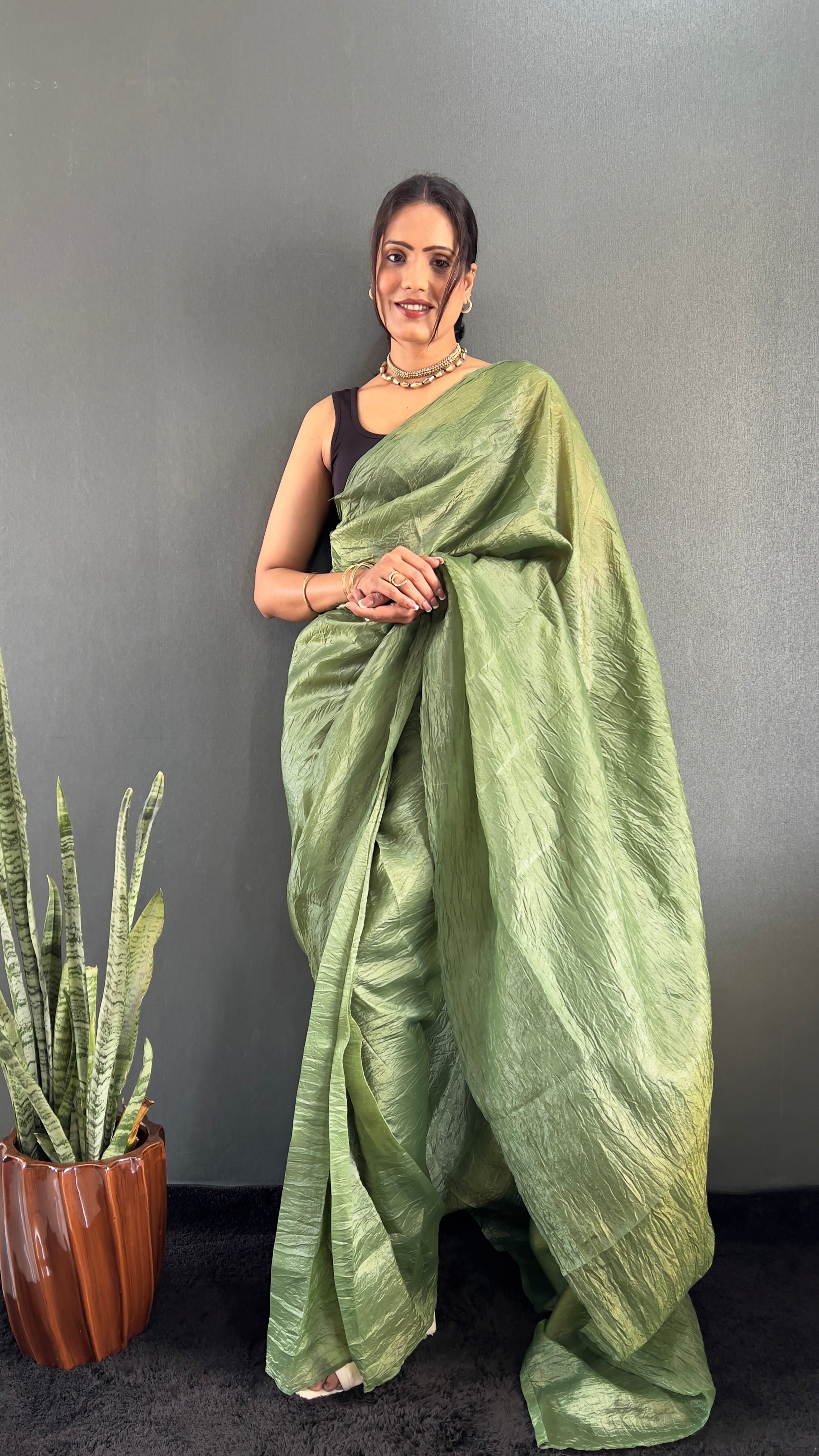 Crush One Minute Ready To Wear Green Saree With Unstiched Blouse