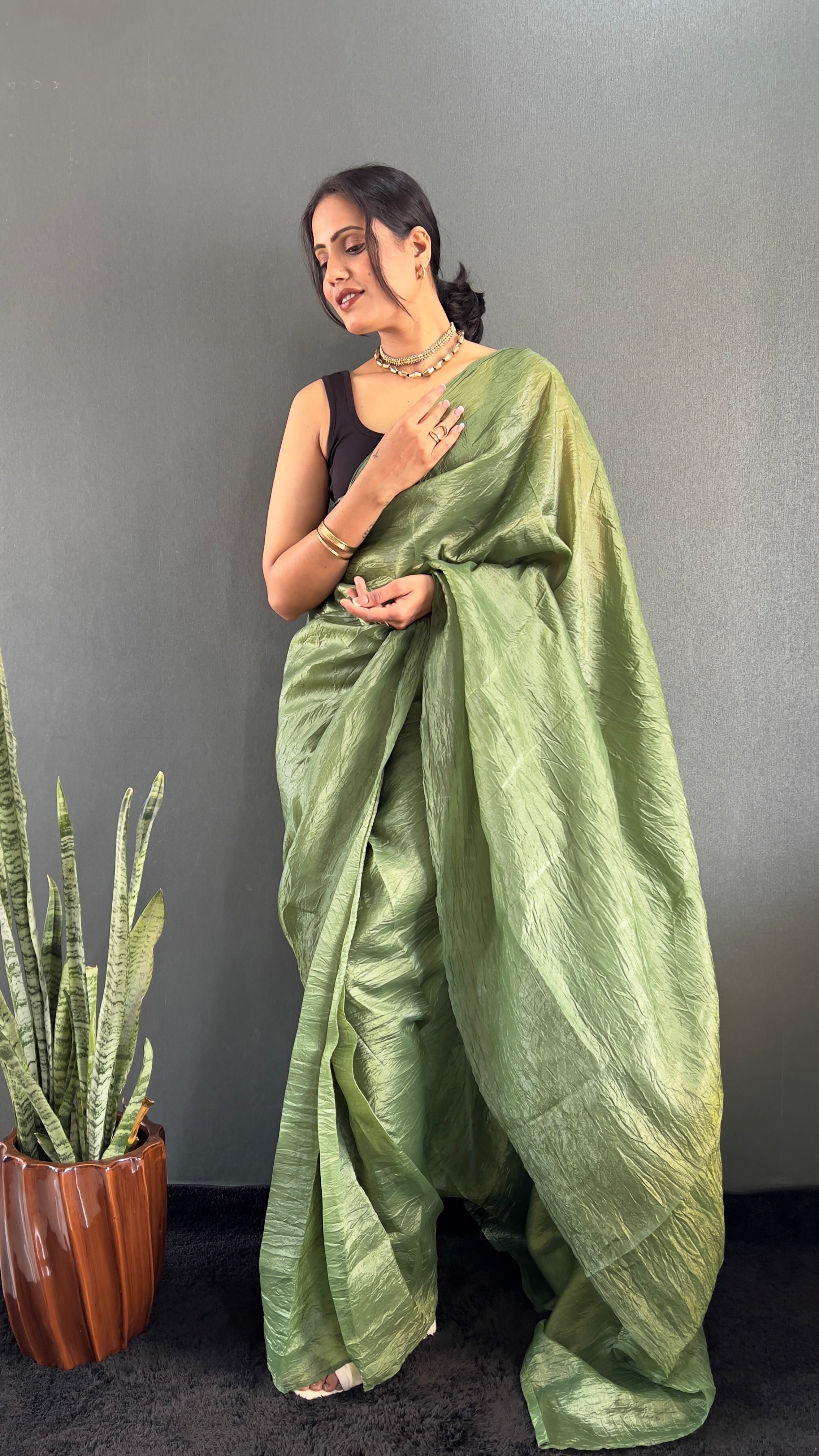 Crush One Minute Ready To Wear Green Saree With Unstiched Blouse