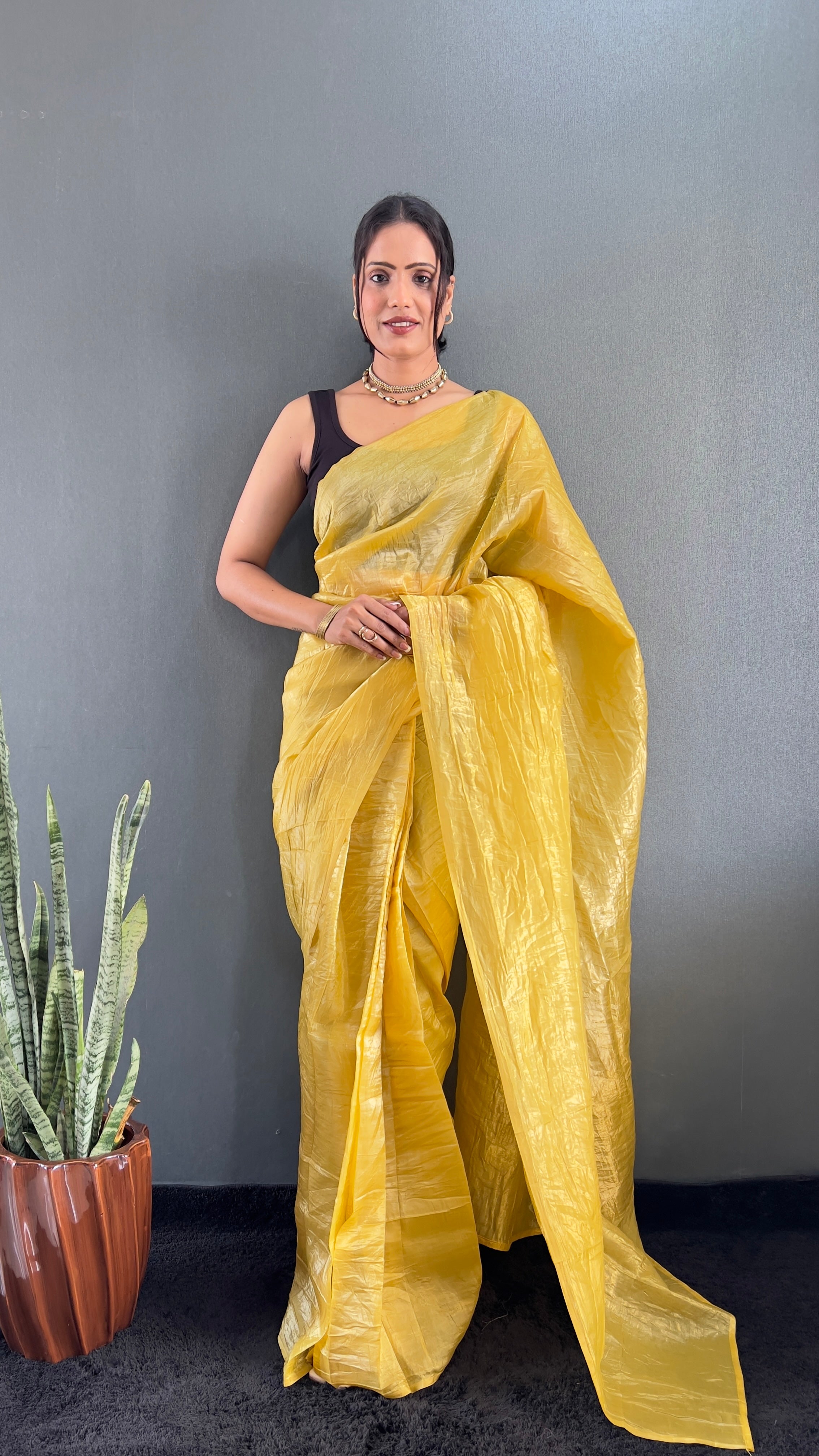 Crush One Minute Ready To Wear Yellow Saree With Unstiched Blouse