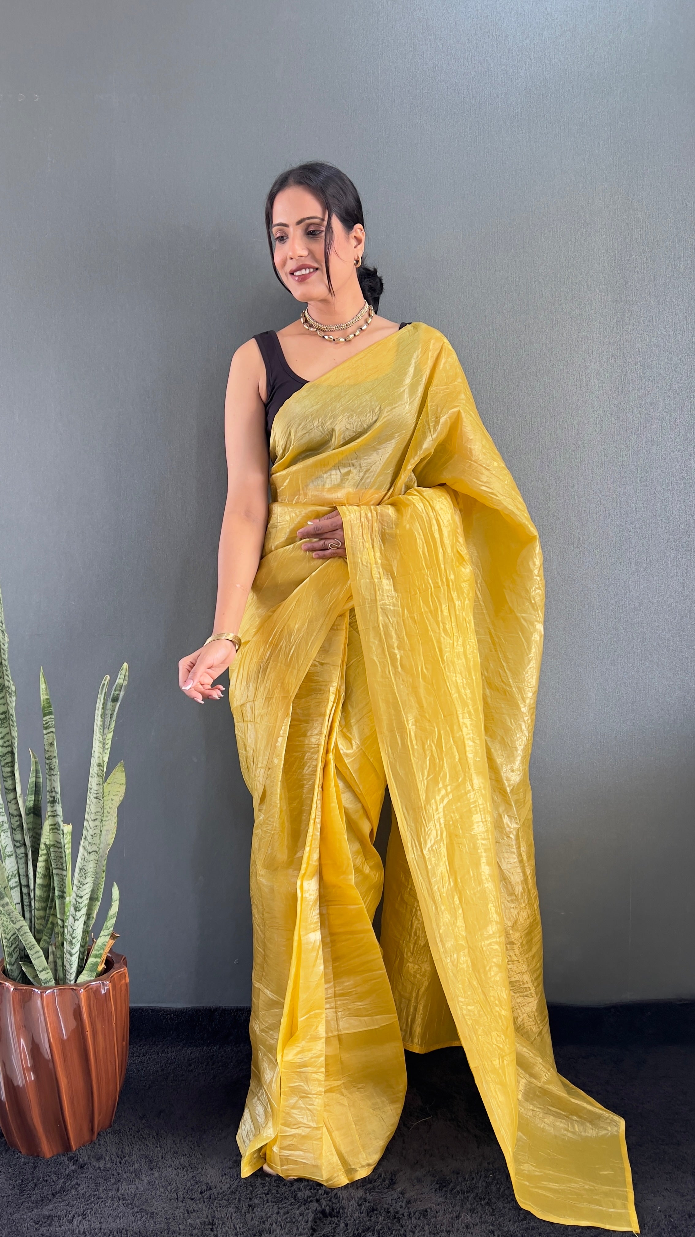 Crush One Minute Ready To Wear Yellow Saree With Unstiched Blouse