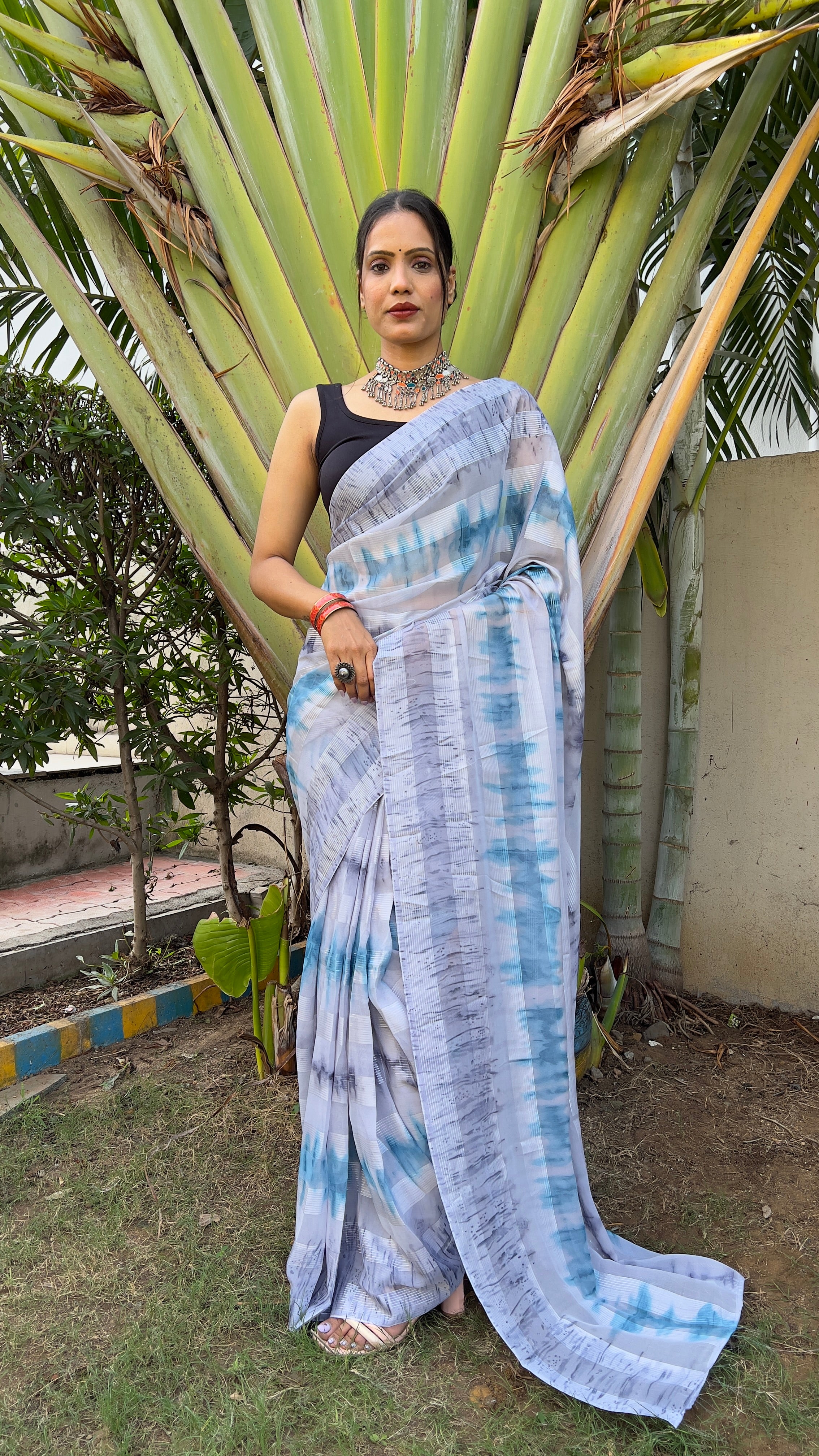 One Minute Ready to Wear New Premium Quelity Shibori Ocean White Saree Divashree