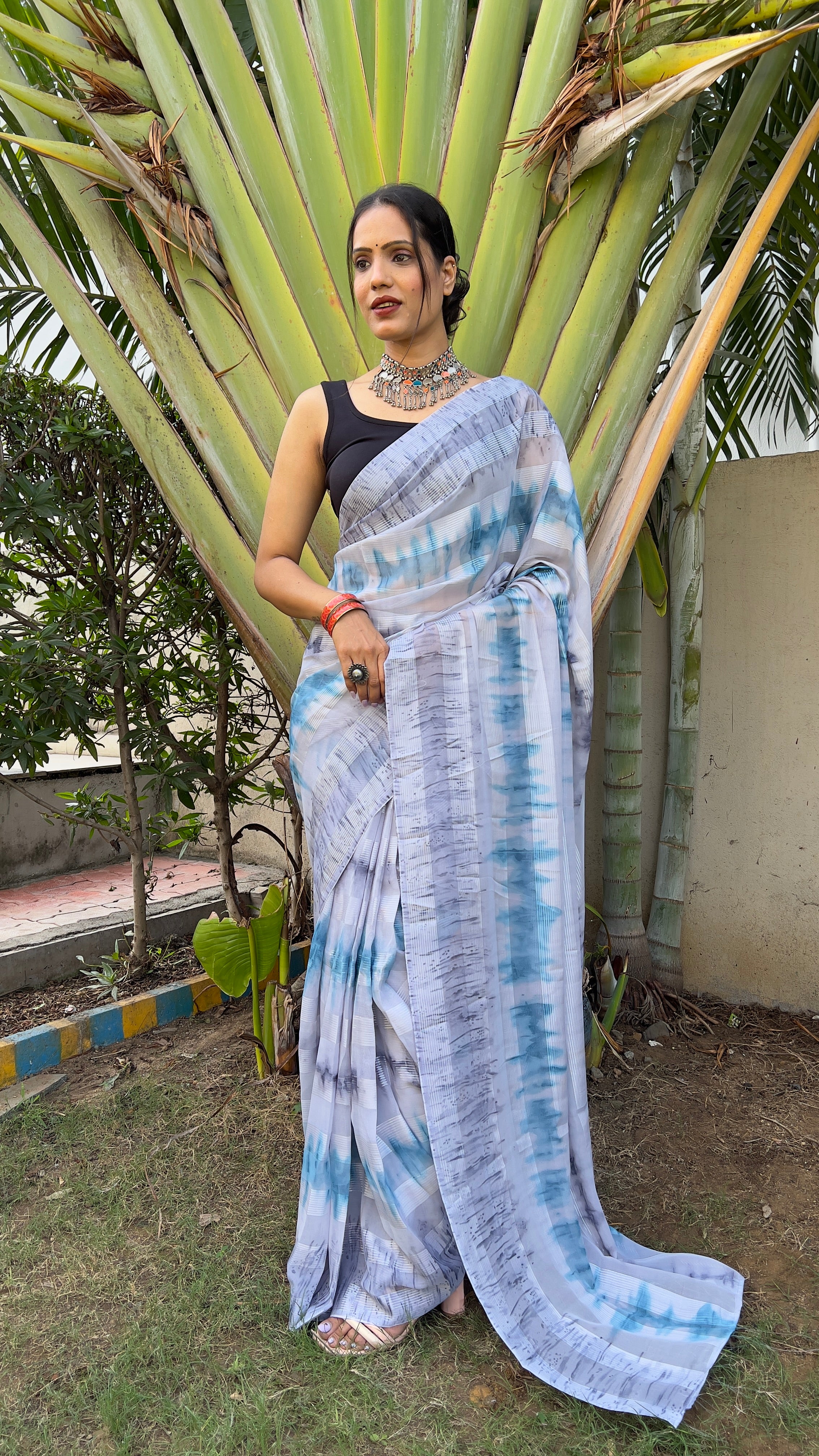 One Minute Ready to Wear New Premium Quelity Shibori Ocean White Saree Divashree