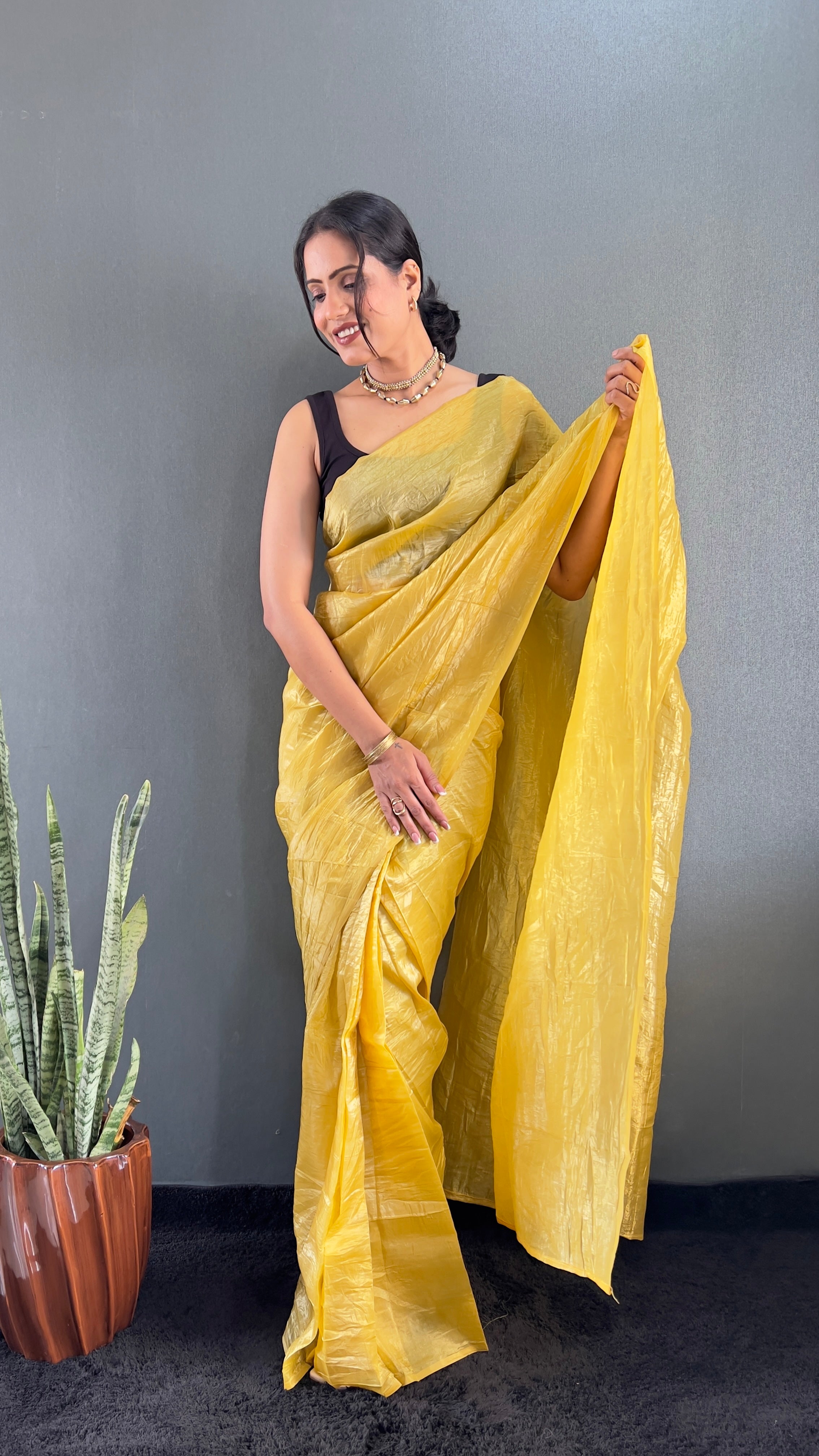 Crush One Minute Ready To Wear Yellow Saree With Unstiched Blouse