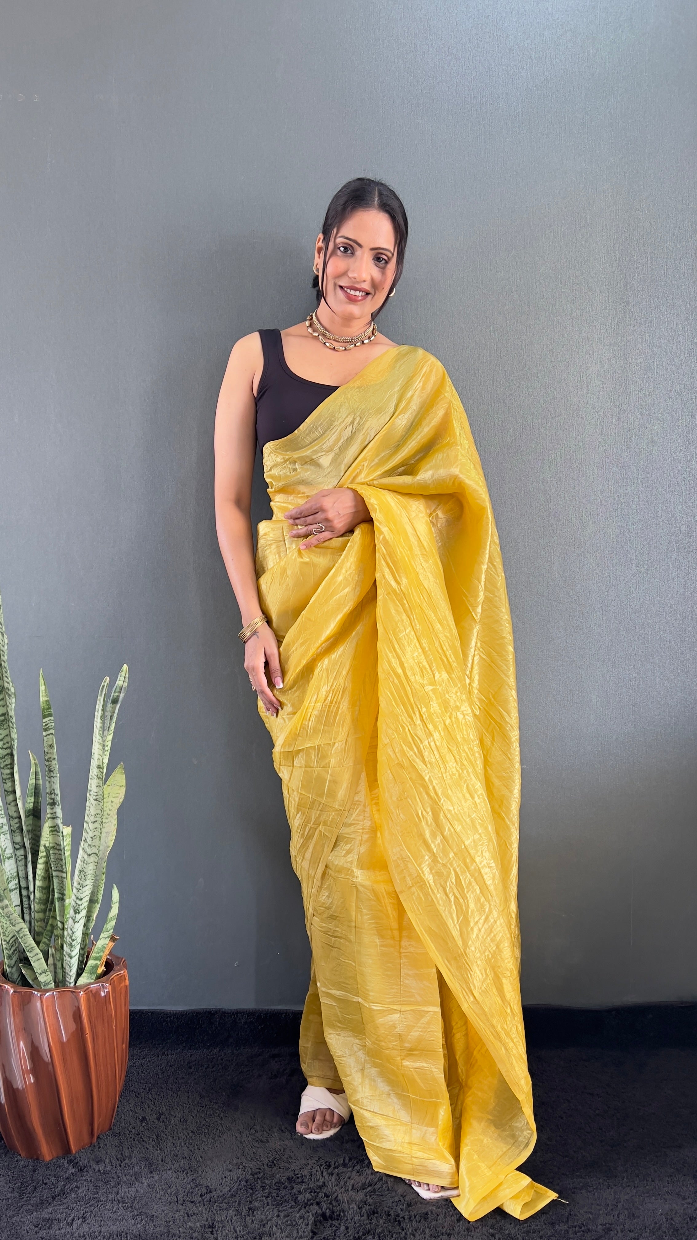 Crush One Minute Ready To Wear Yellow Saree With Unstiched Blouse