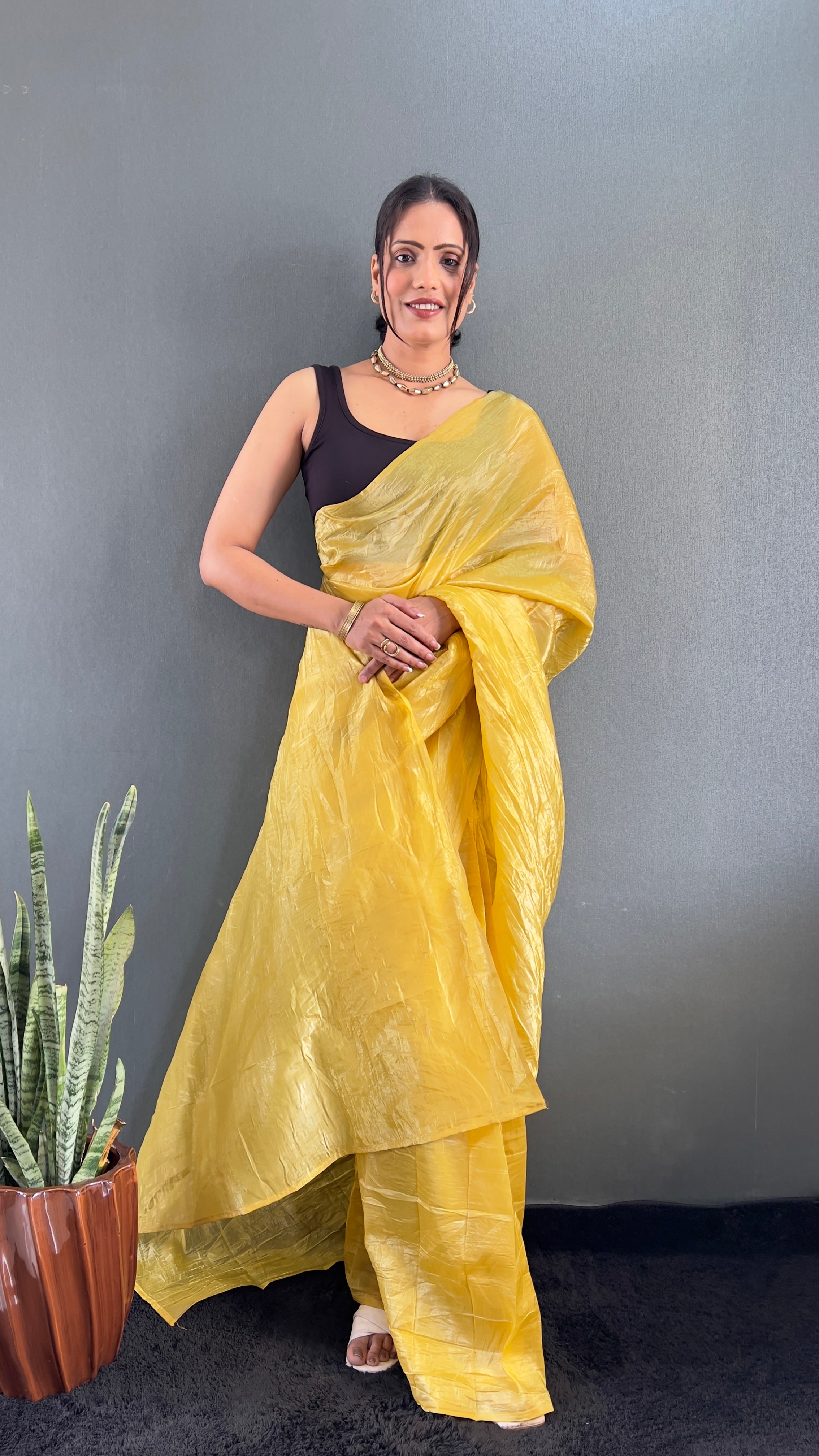 Crush One Minute Ready To Wear Yellow Saree With Unstiched Blouse