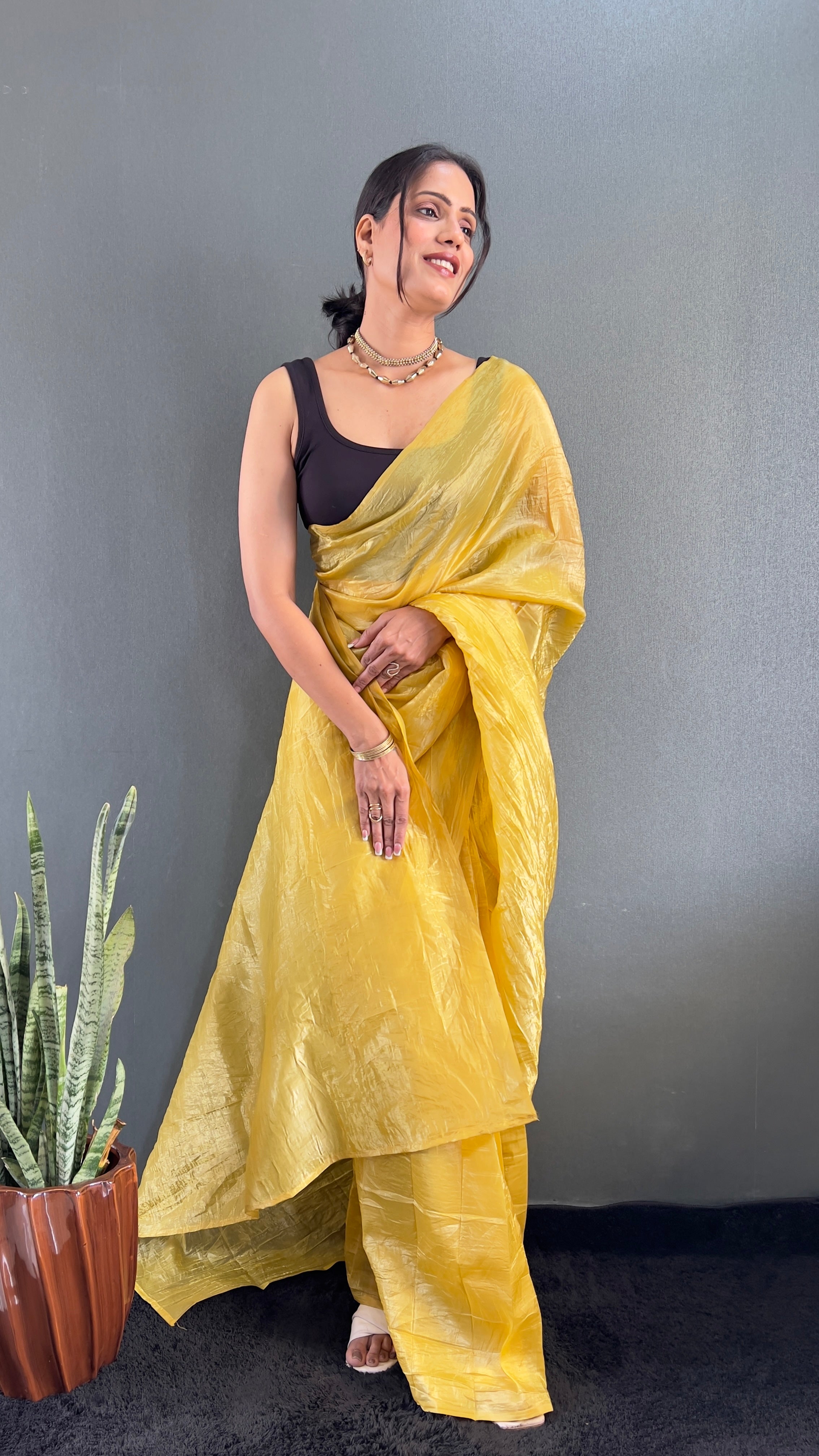 Crush One Minute Ready To Wear Yellow Saree With Unstiched Blouse