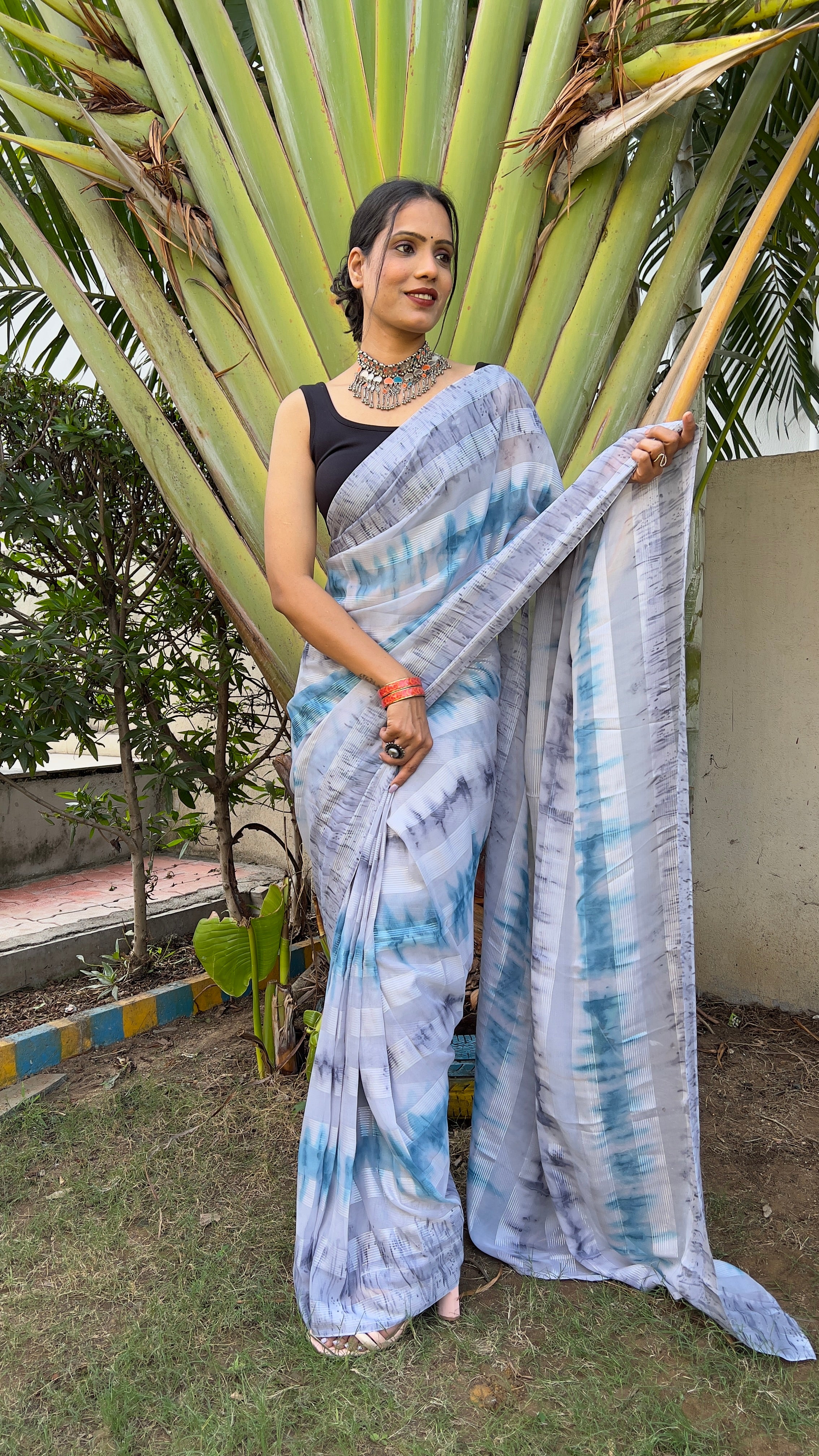 One Minute Ready to Wear New Premium Quelity Shibori Ocean White Saree Divashree