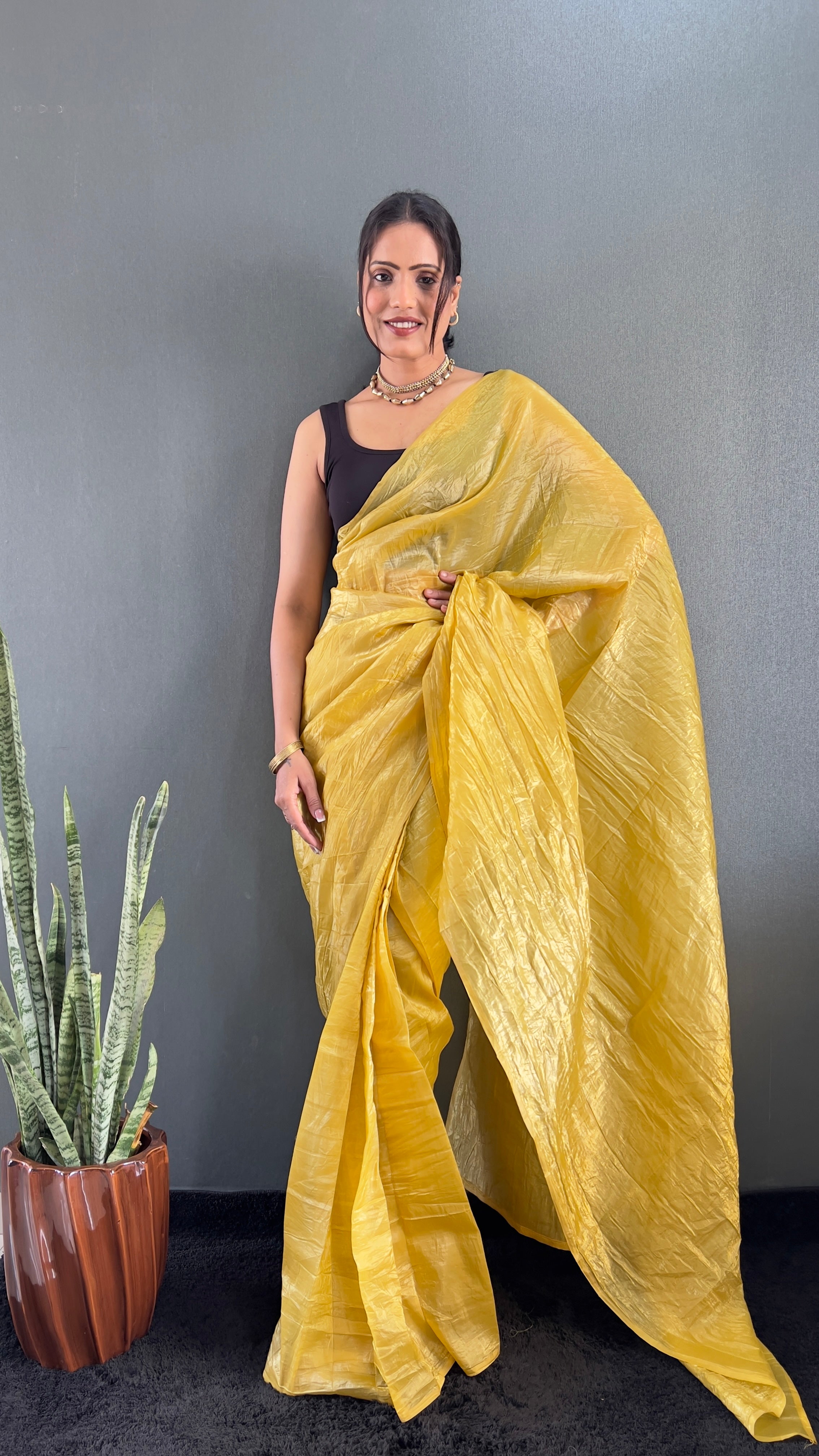 Crush One Minute Ready To Wear Yellow Saree With Unstiched Blouse