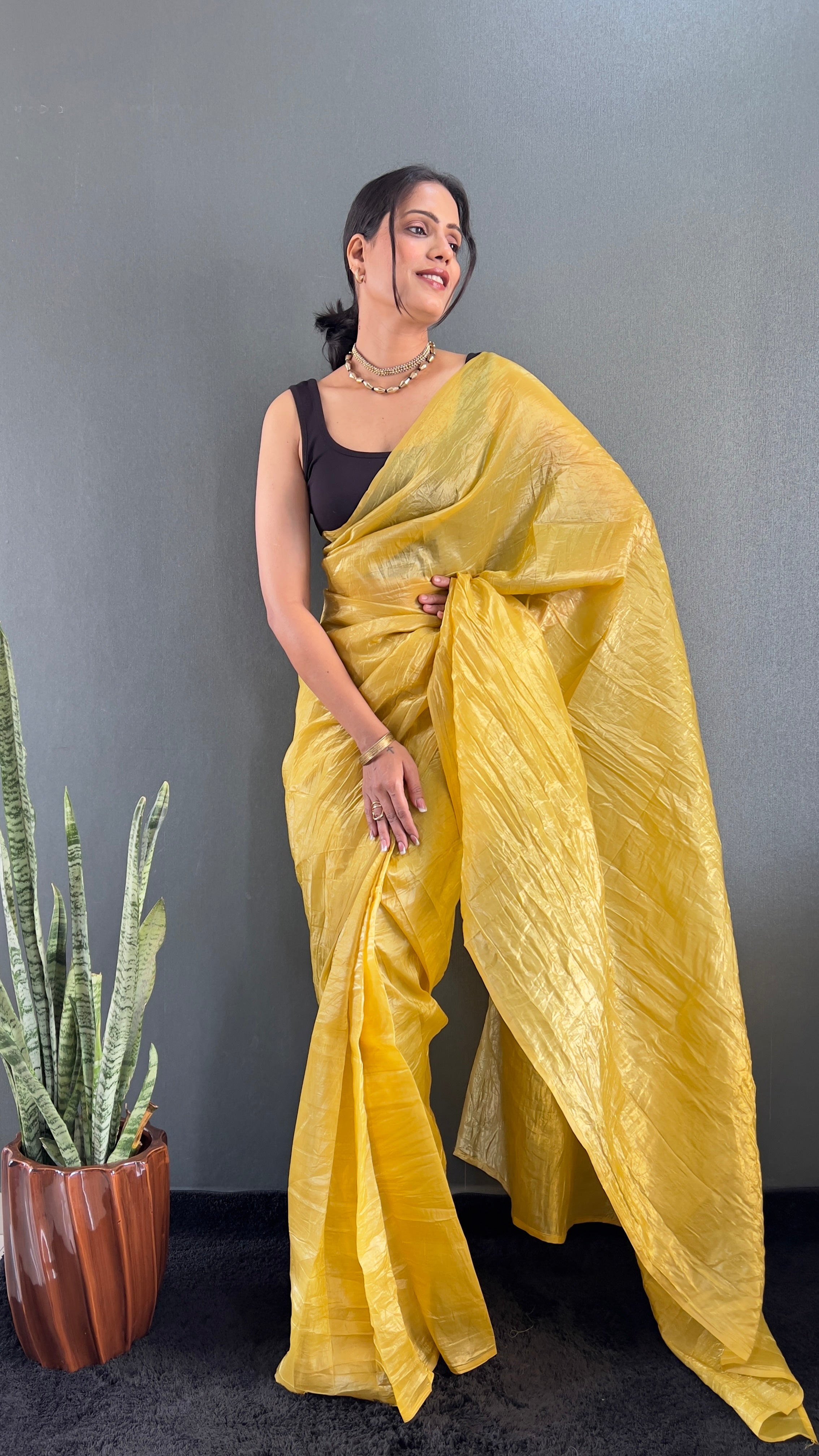 Crush One Minute Ready To Wear Yellow Saree With Unstiched Blouse