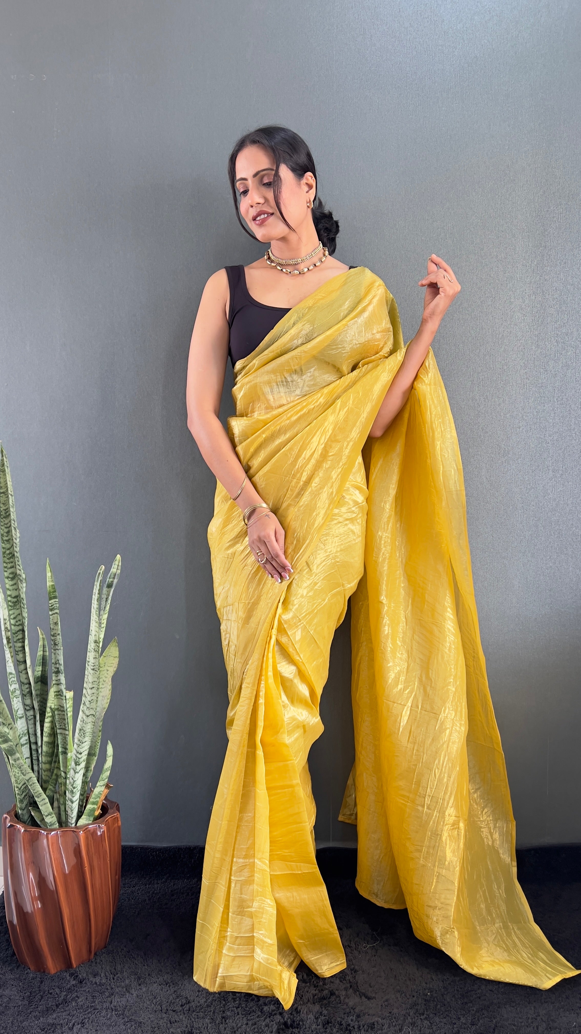 Crush One Minute Ready To Wear Yellow Saree With Unstiched Blouse