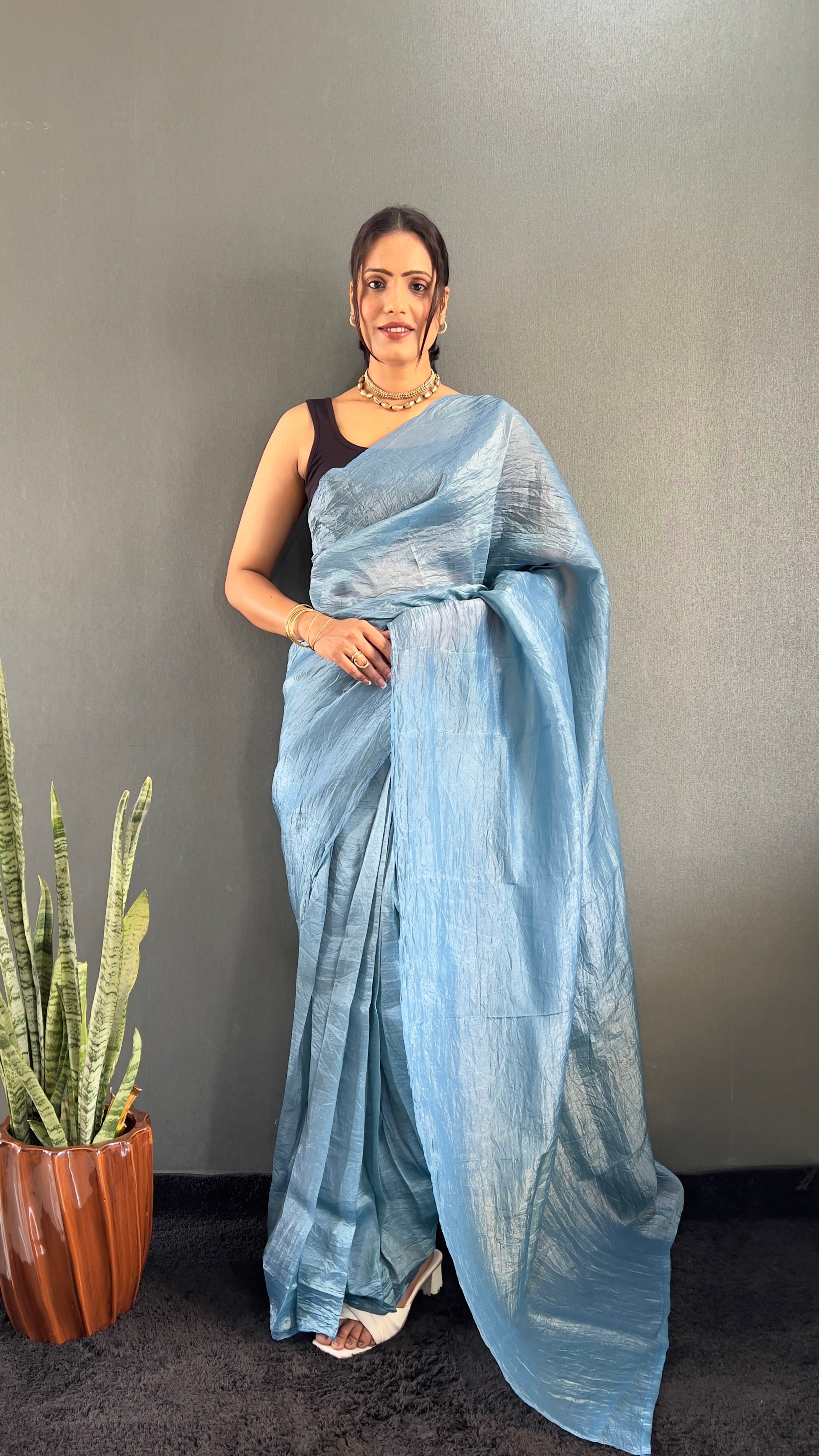 Crush One Minute Ready To Wear Sky Blue Saree With Unstiched Blouse