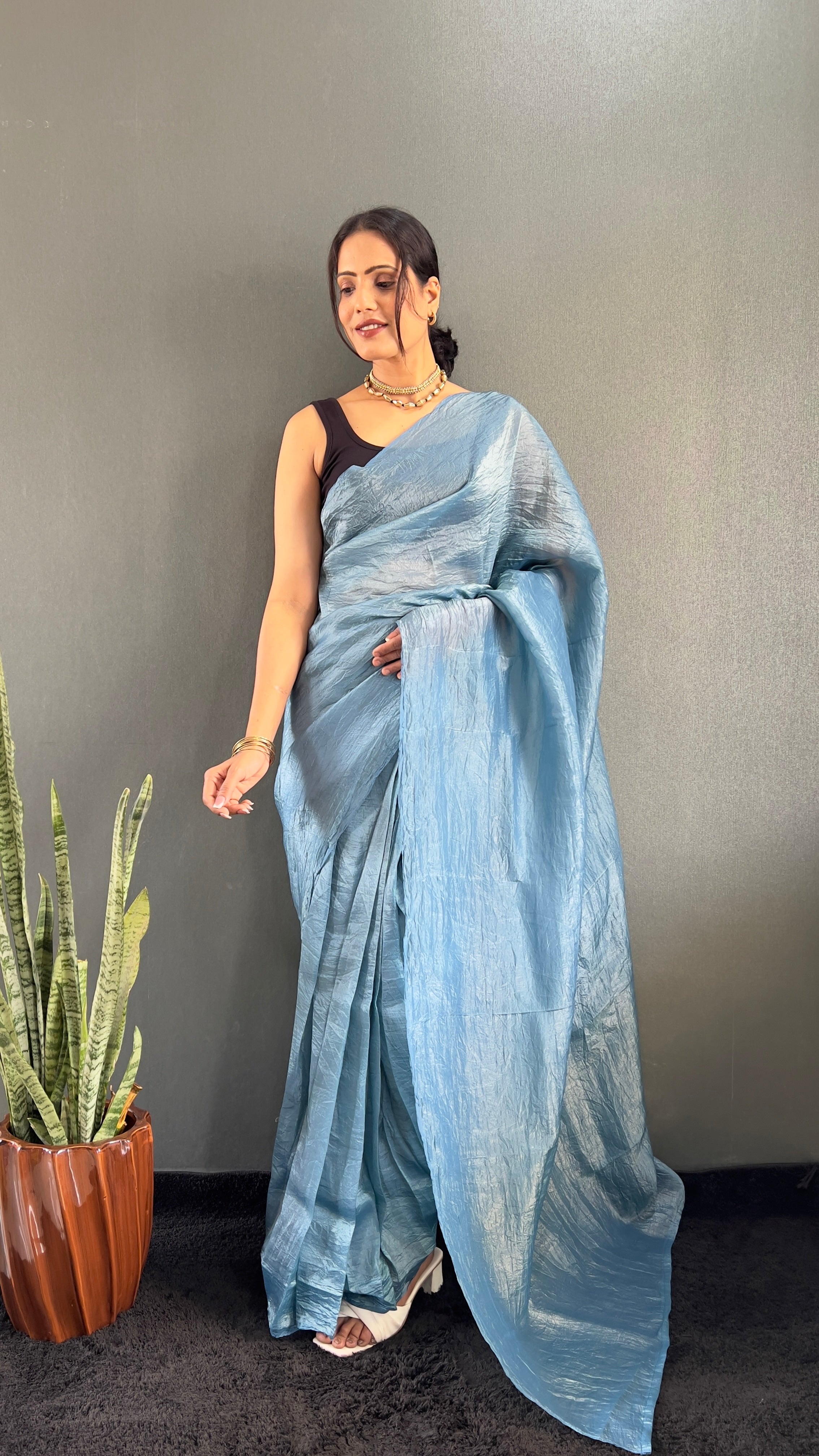 Crush One Minute Ready To Wear Sky Blue Saree With Unstiched Blouse