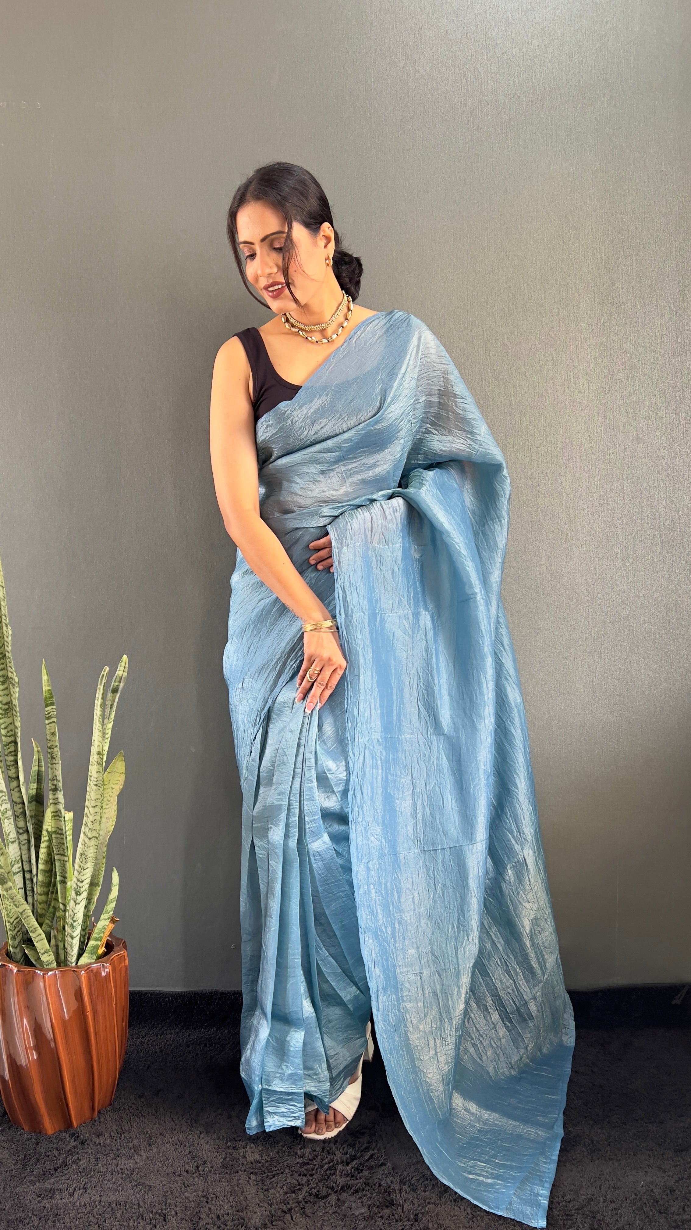 Crush One Minute Ready To Wear Sky Blue Saree With Unstiched Blouse