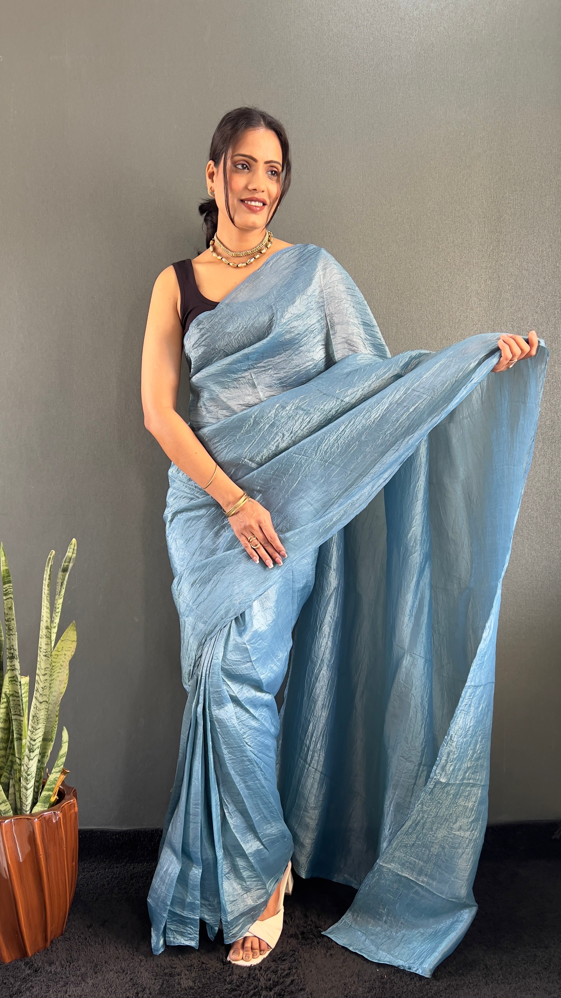 Crush One Minute Ready To Wear Sky Blue Saree With Unstiched Blouse