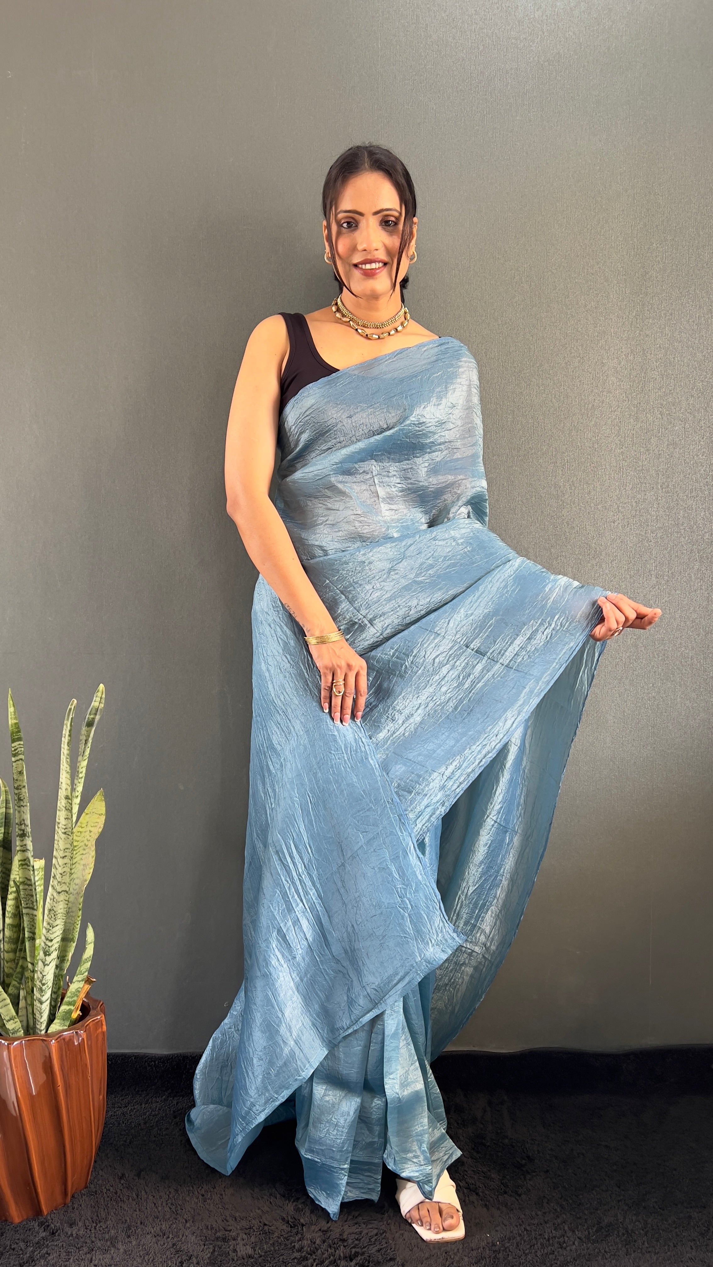 Crush One Minute Ready To Wear Sky Blue Saree With Unstiched Blouse