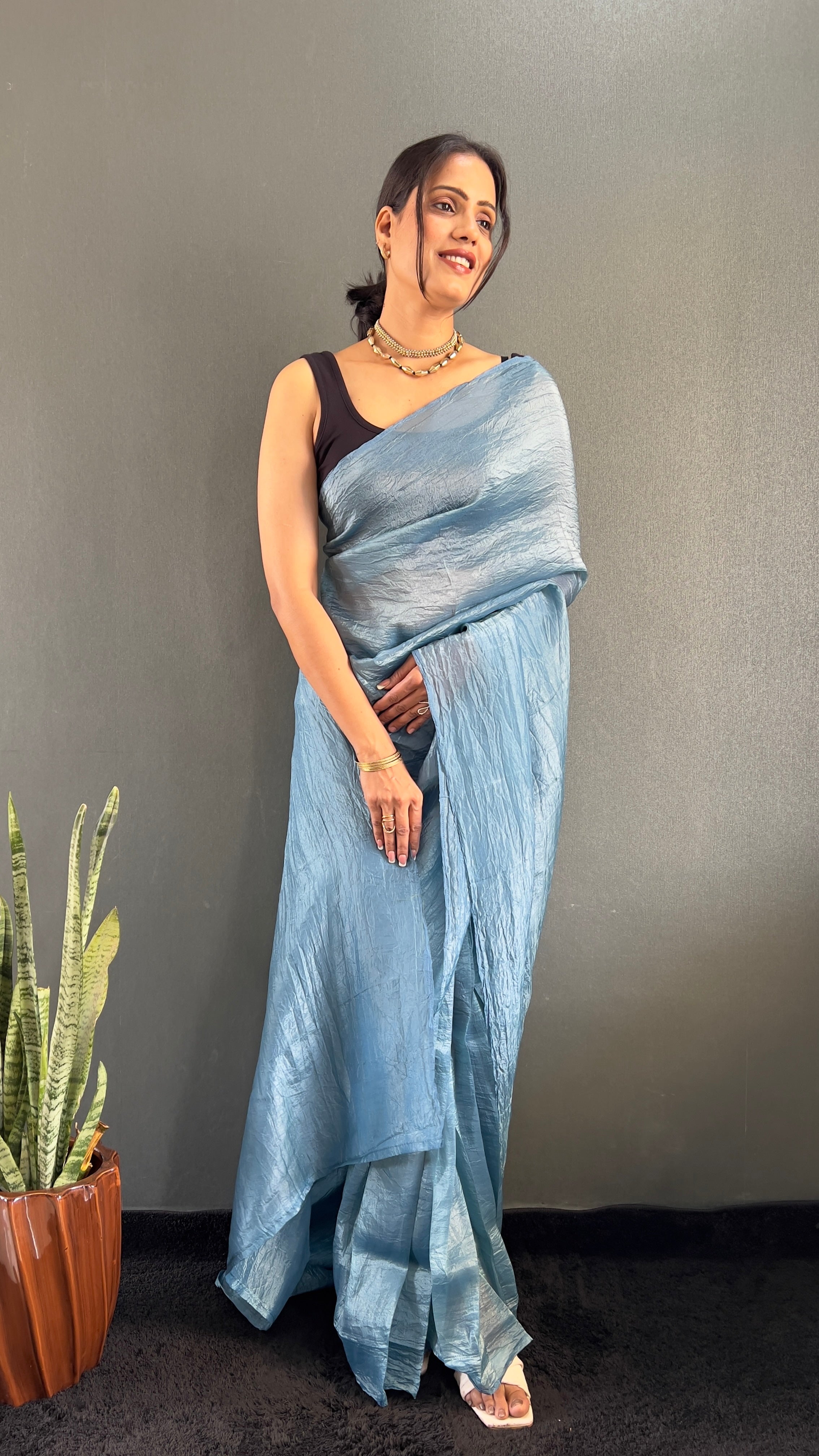 Crush One Minute Ready To Wear Sky Blue Saree With Unstiched Blouse