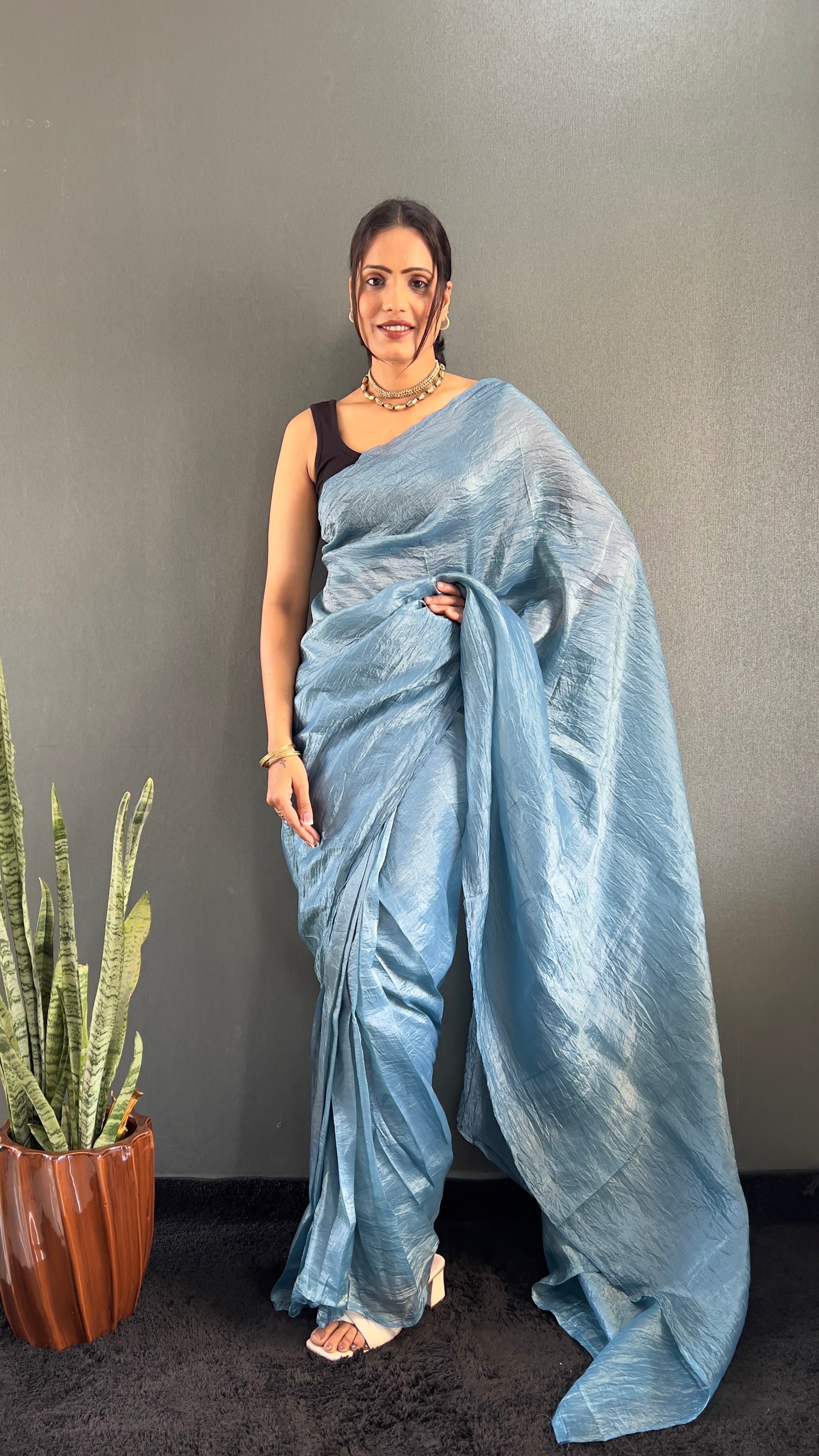 Crush One Minute Ready To Wear Sky Blue Saree With Unstiched Blouse