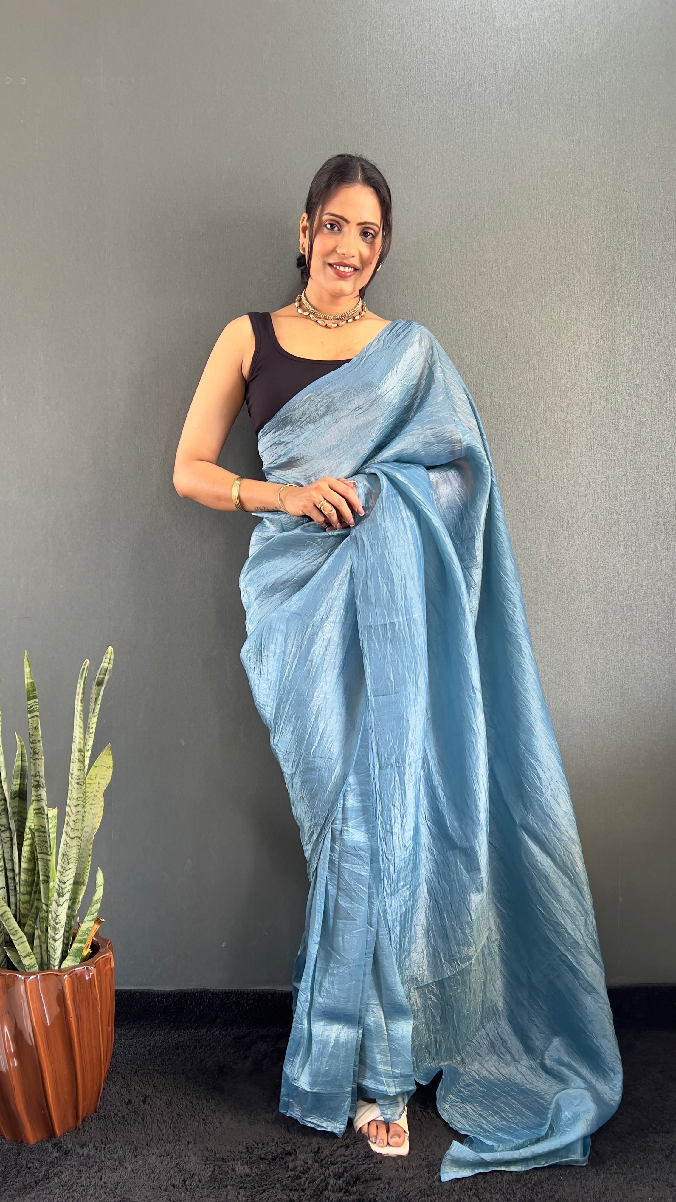 Crush One Minute Ready To Wear Sky Blue Saree With Unstiched Blouse