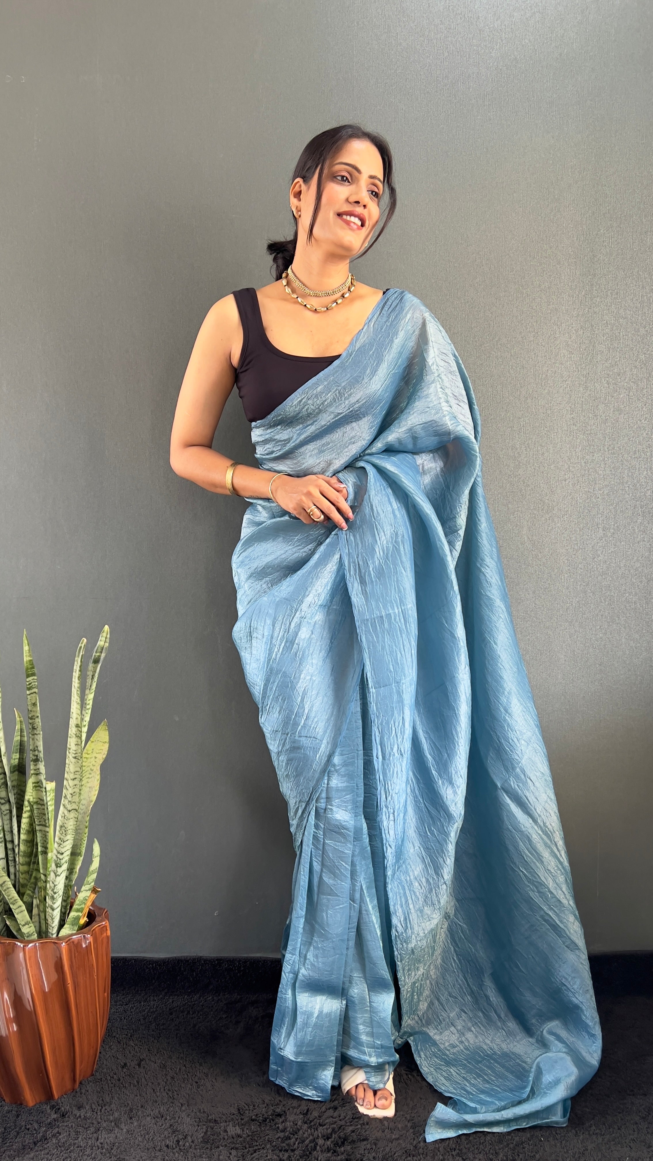 Crush One Minute Ready To Wear Sky Blue Saree With Unstiched Blouse