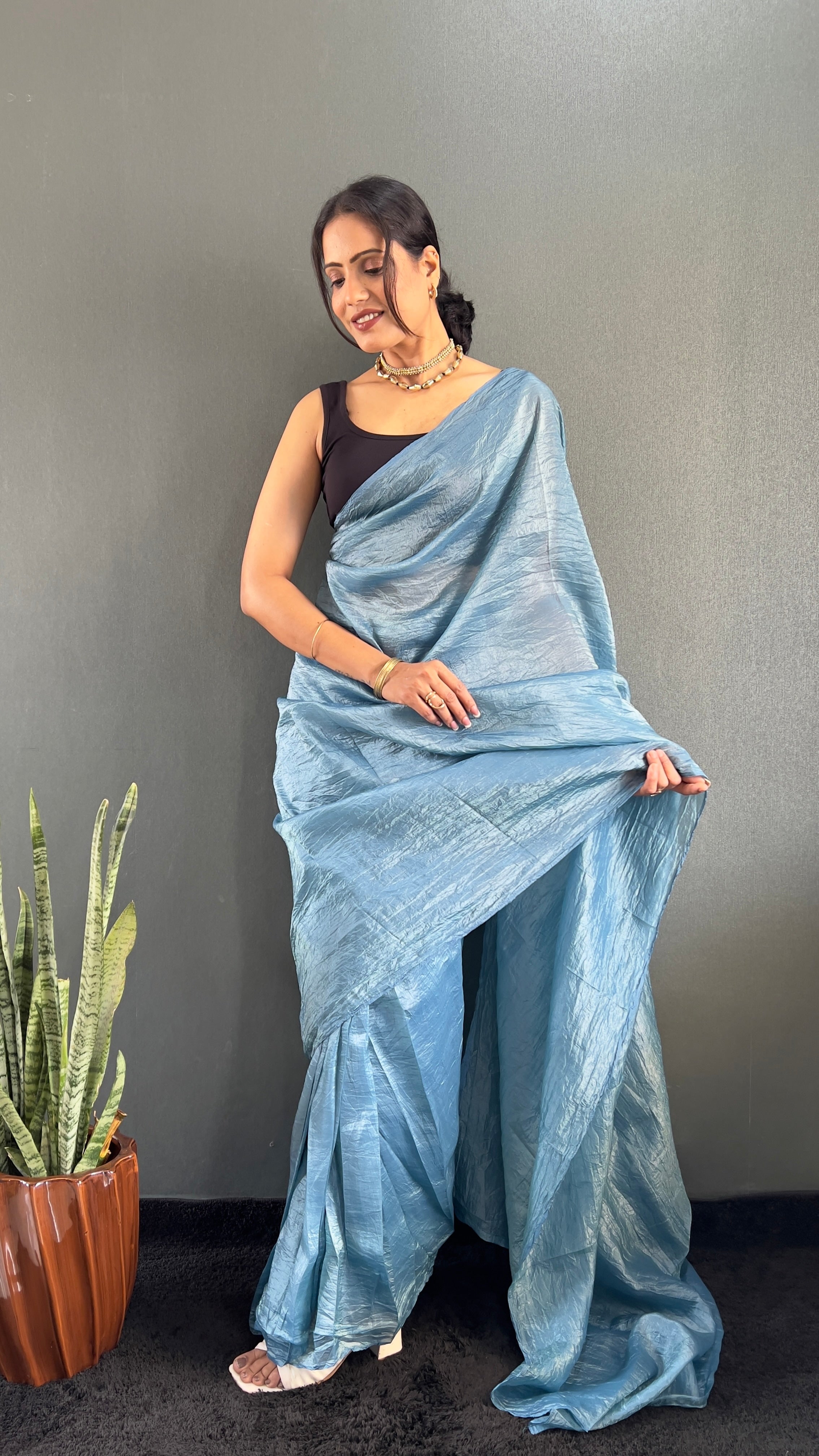 Crush One Minute Ready To Wear Sky Blue Saree With Unstiched Blouse