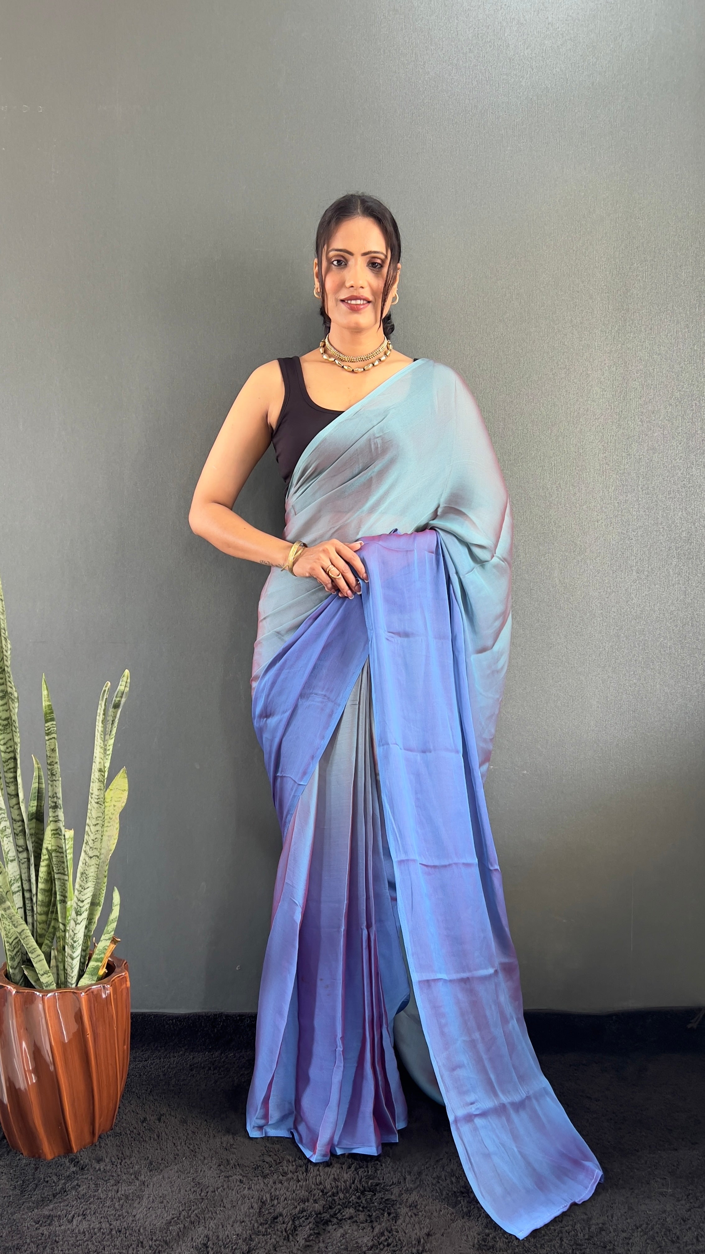 New  One Minute Ready To Wear Bluish Purple Shade Saree With Unstiched Blouse