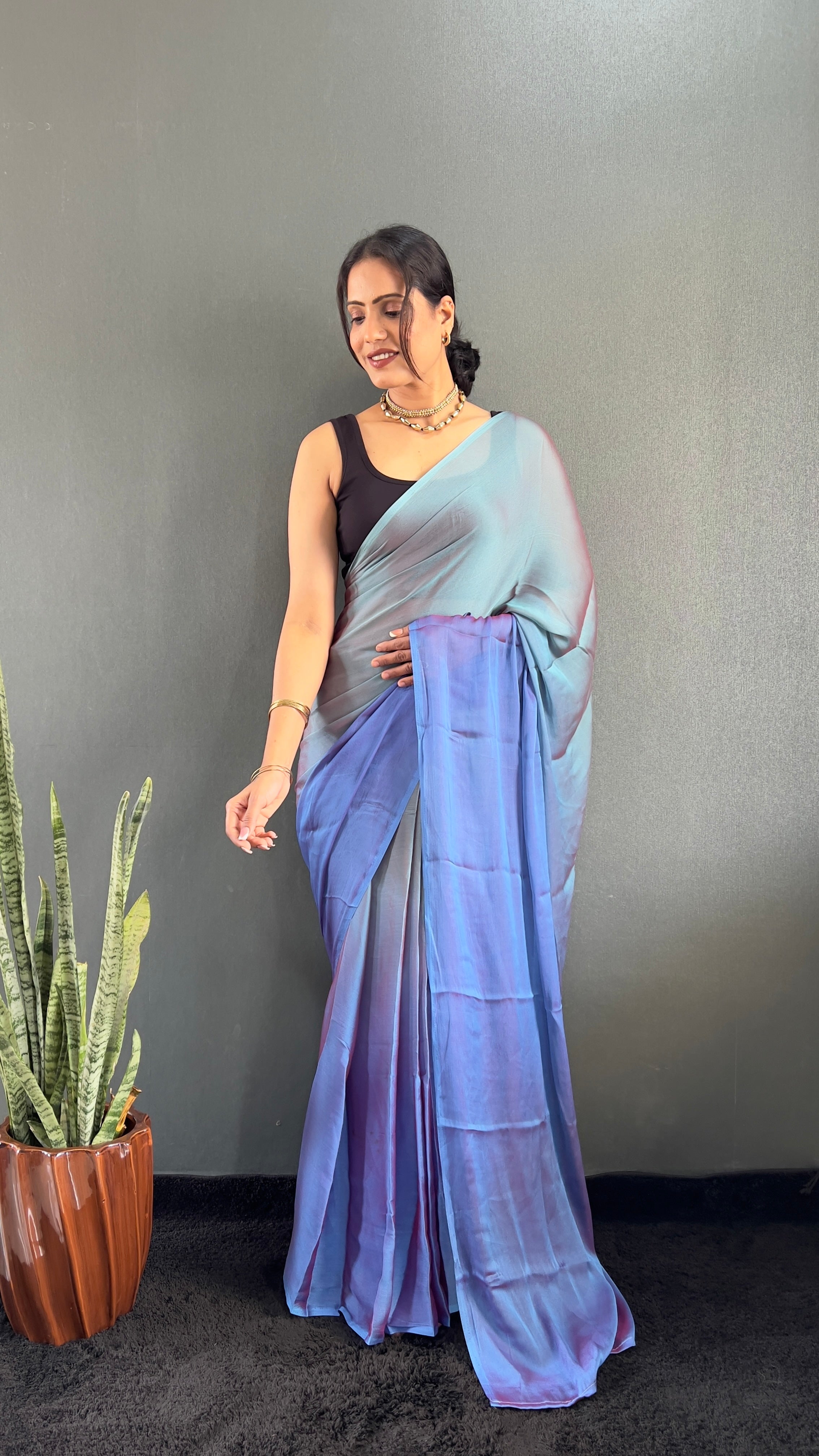 New  One Minute Ready To Wear Bluish Purple Shade Saree With Unstiched Blouse