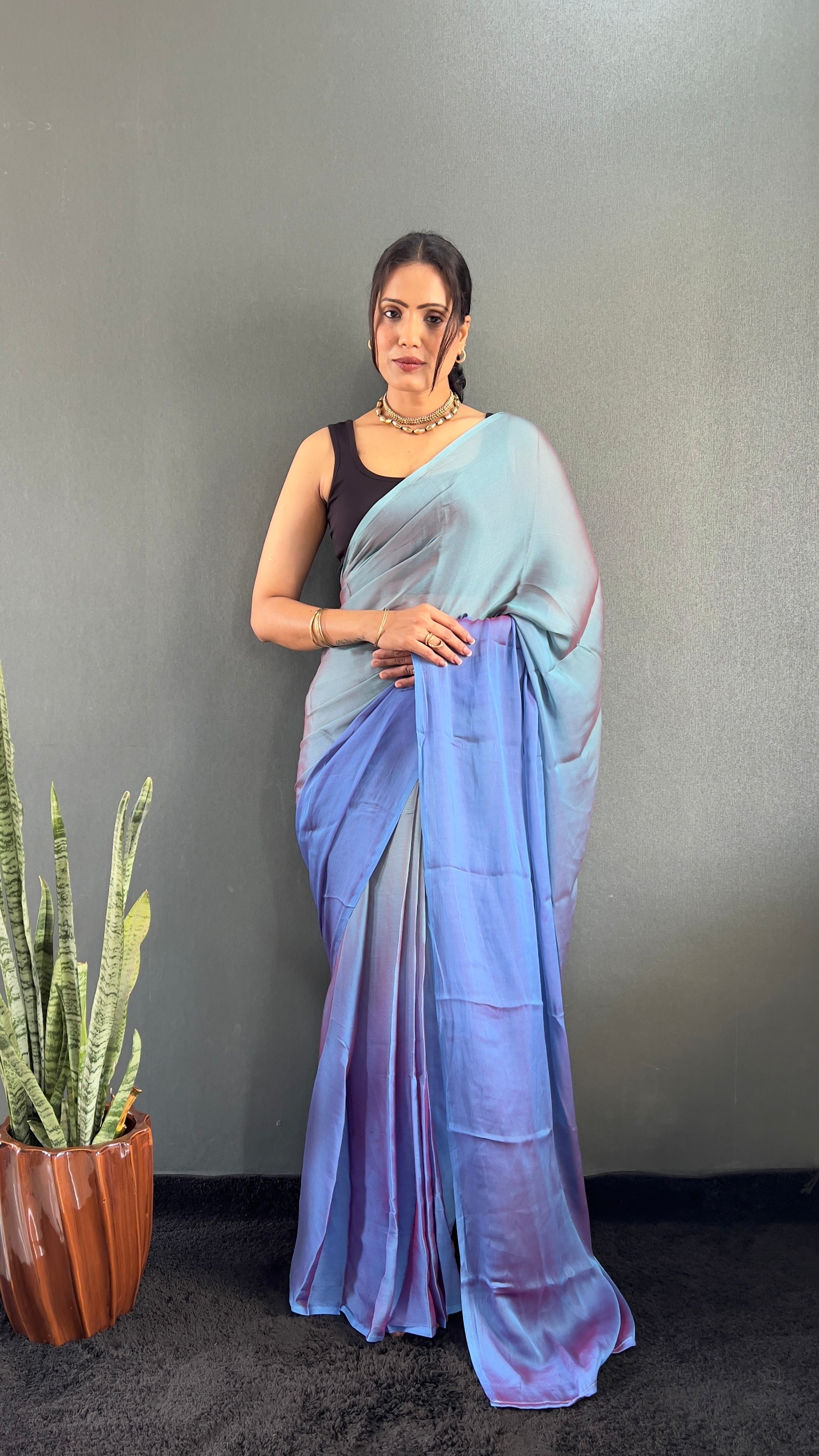 New  One Minute Ready To Wear Bluish Purple Shade Saree With Unstiched Blouse