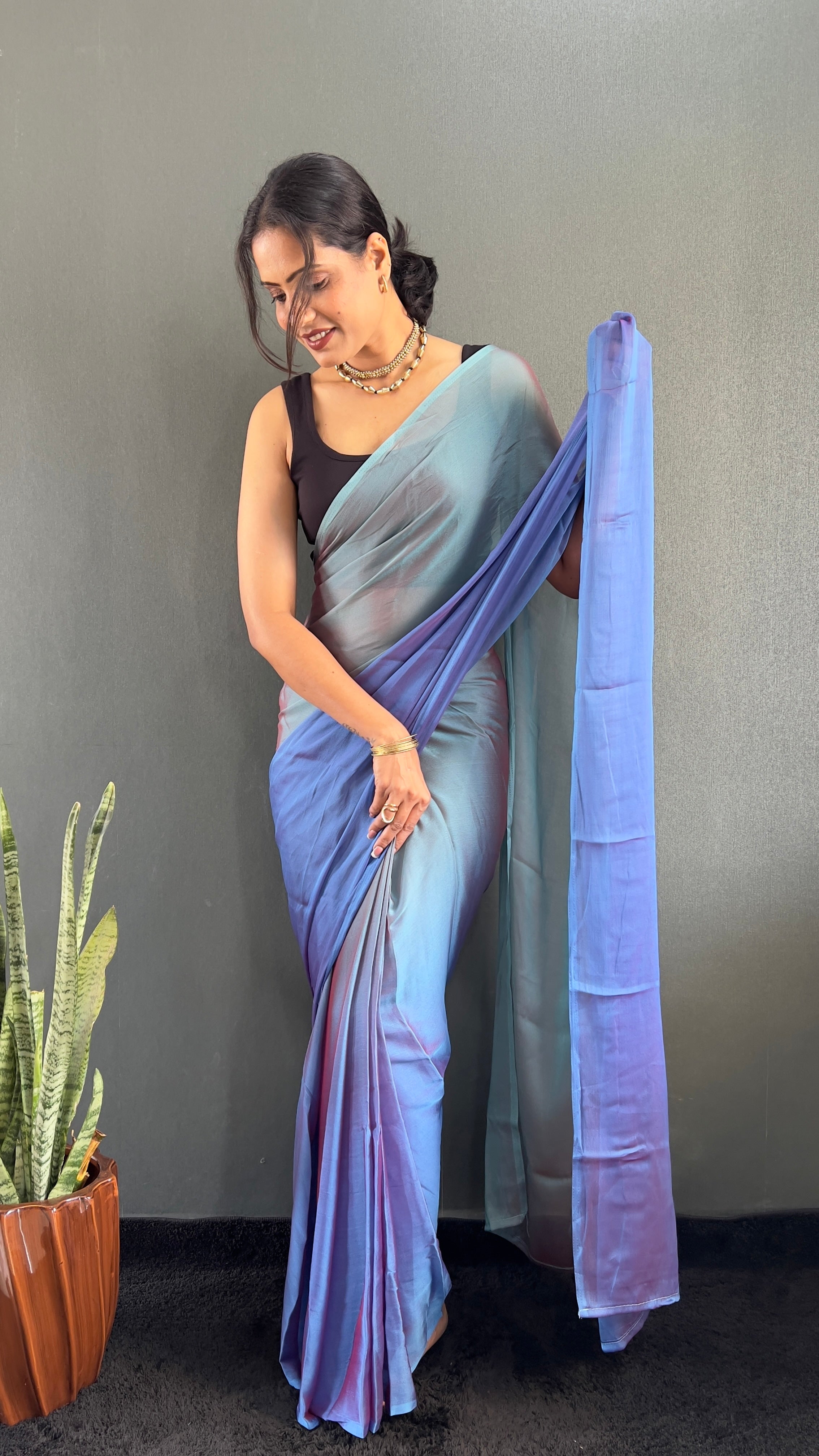 New  One Minute Ready To Wear Bluish Purple Shade Saree With Unstiched Blouse