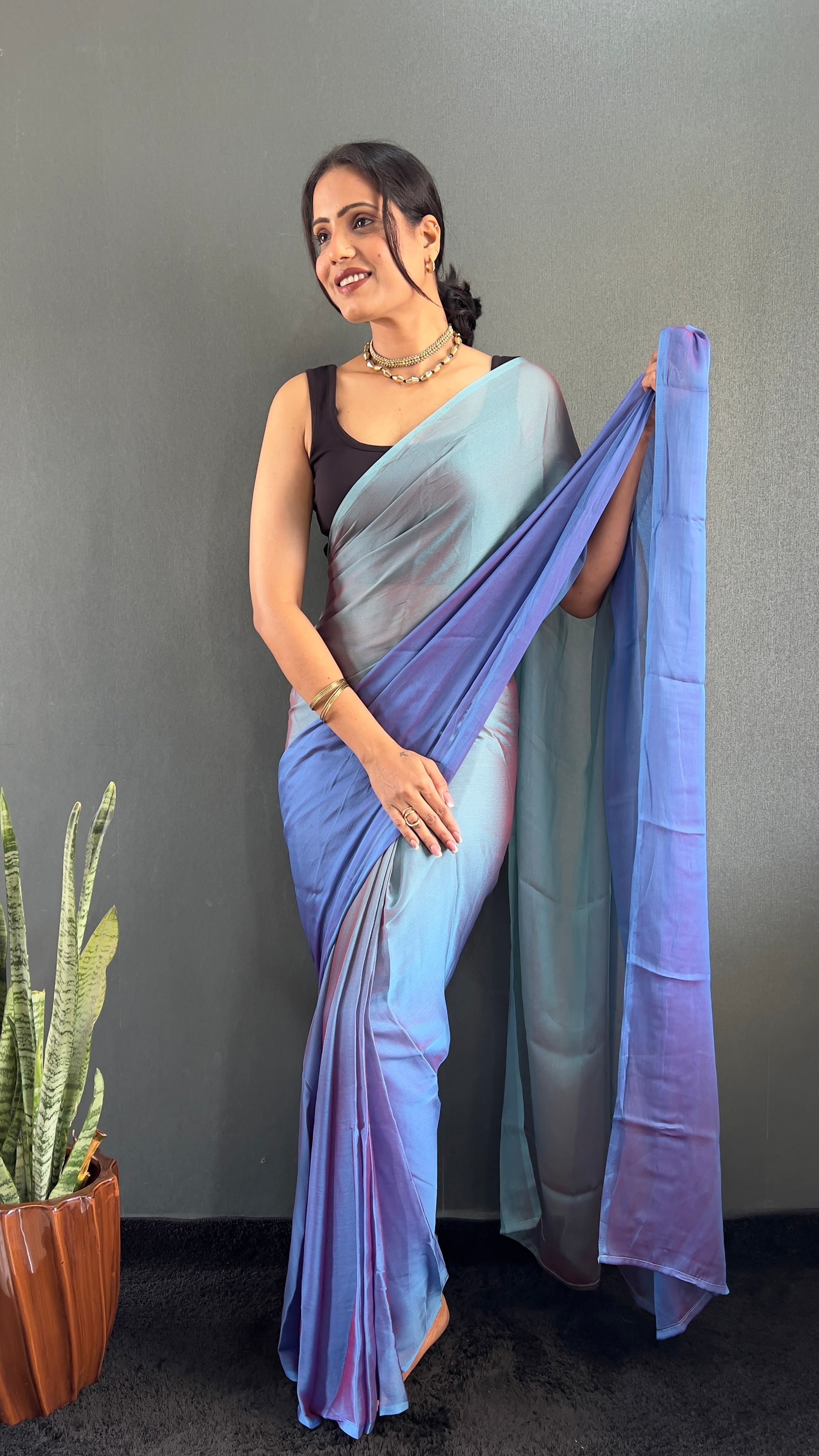 New  One Minute Ready To Wear Bluish Purple Shade Saree With Unstiched Blouse