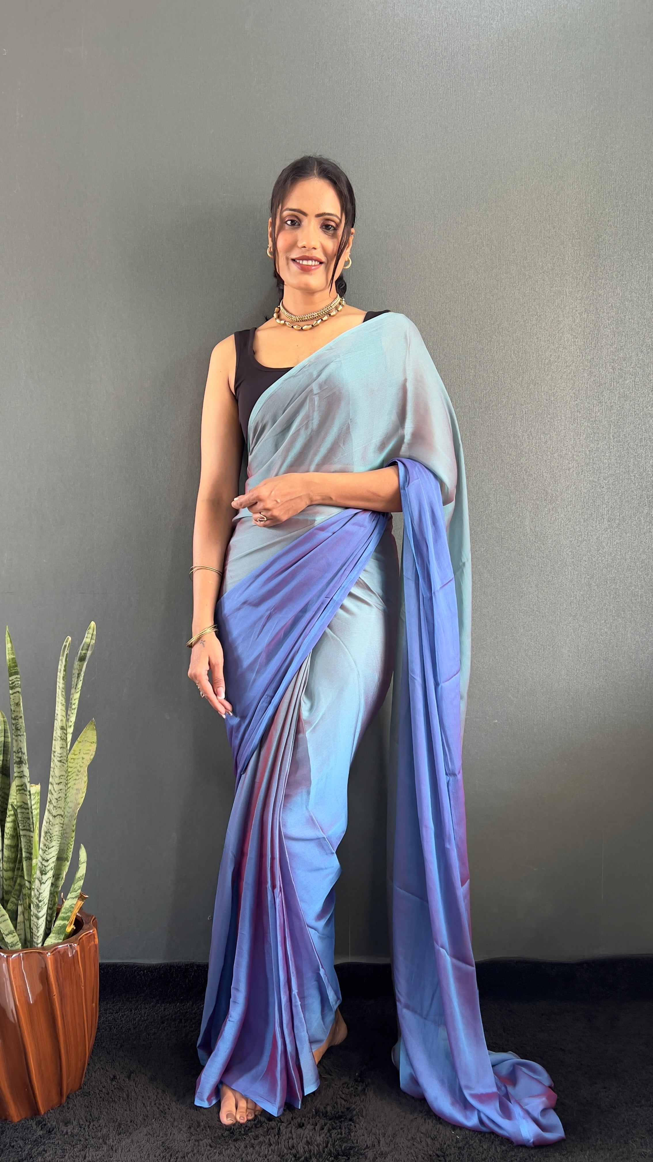 New  One Minute Ready To Wear Bluish Purple Shade Saree With Unstiched Blouse