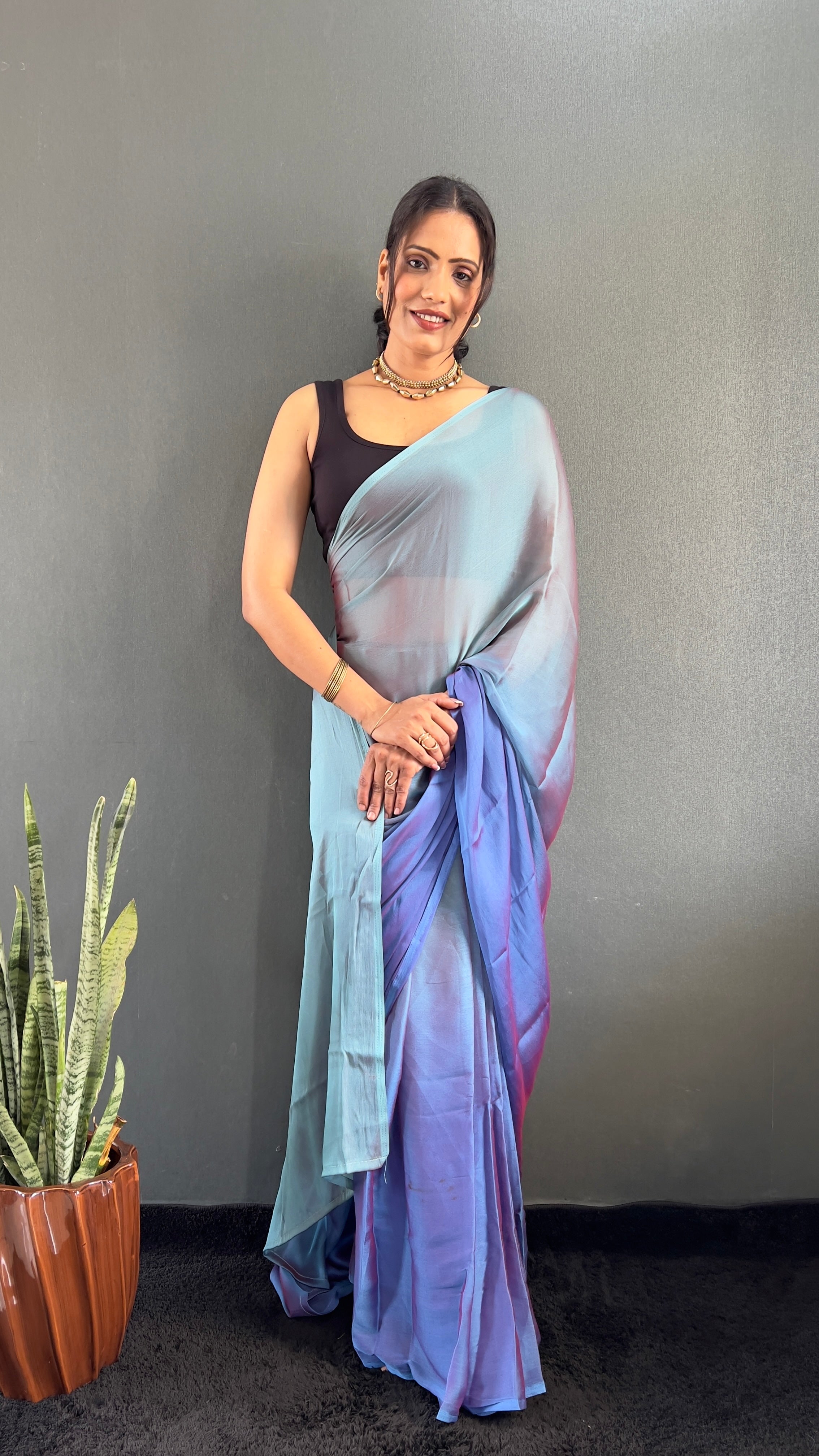 New  One Minute Ready To Wear Bluish Purple Shade Saree With Unstiched Blouse