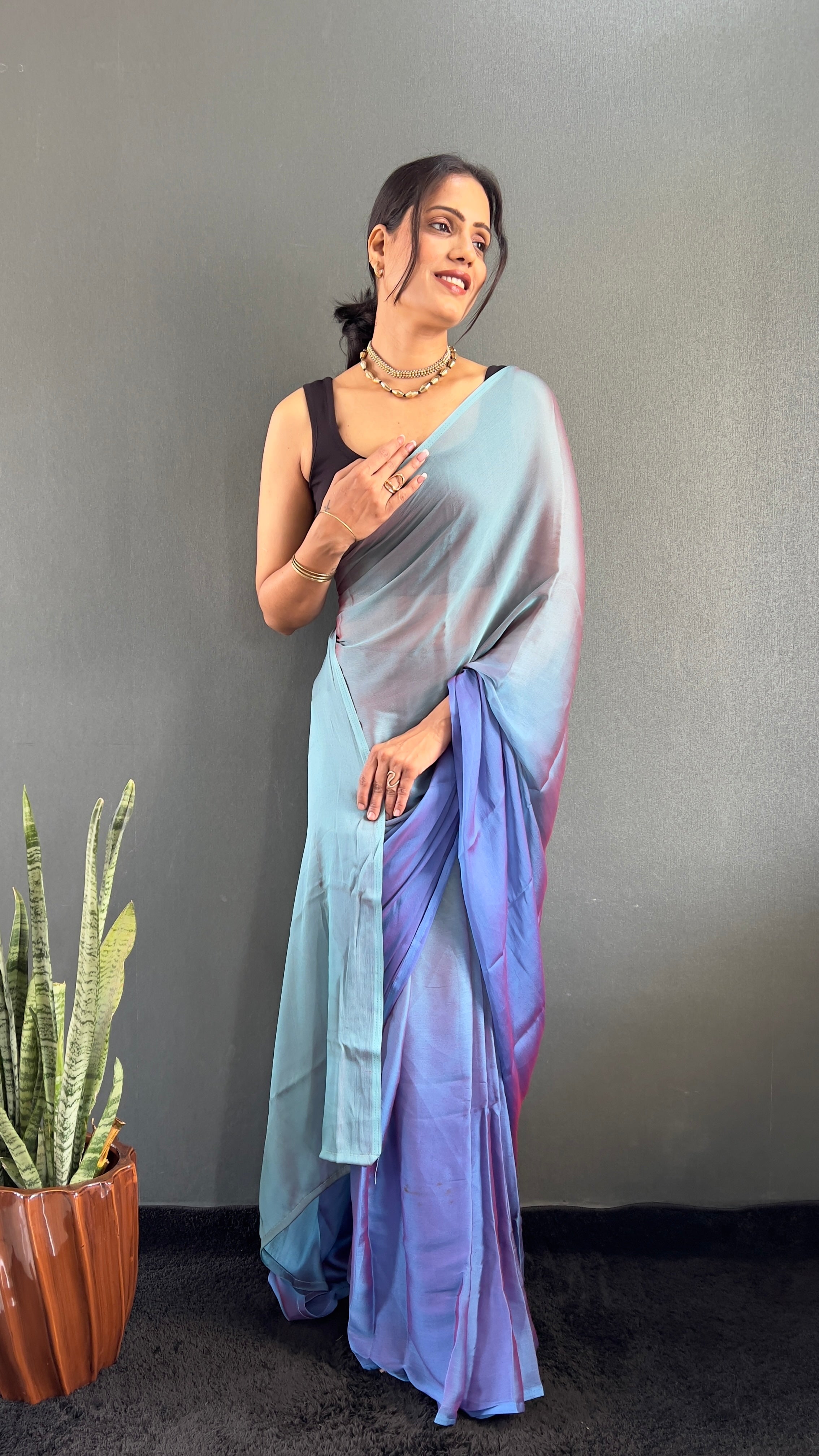 New  One Minute Ready To Wear Bluish Purple Shade Saree With Unstiched Blouse