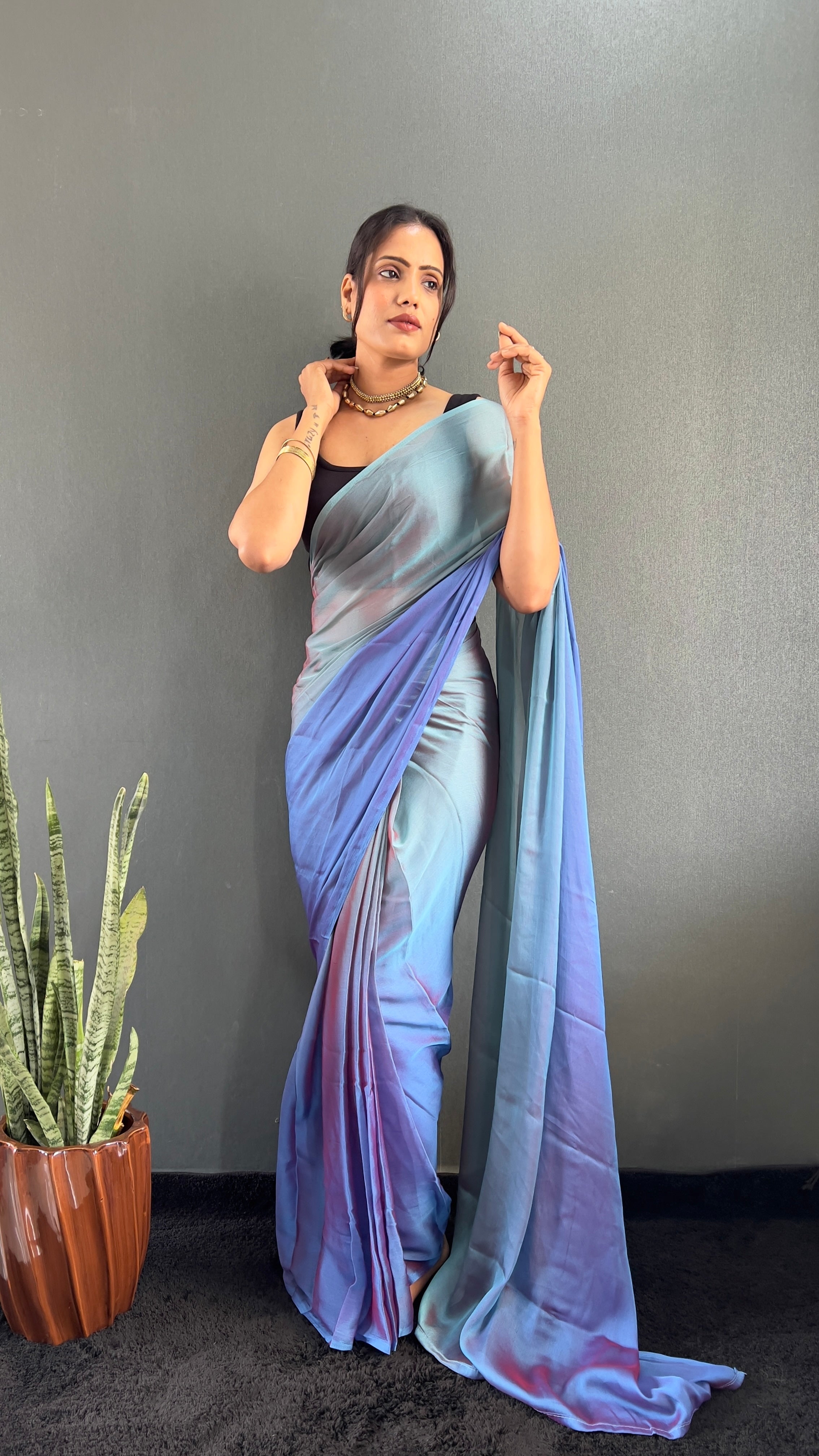 New  One Minute Ready To Wear Bluish Purple Shade Saree With Unstiched Blouse