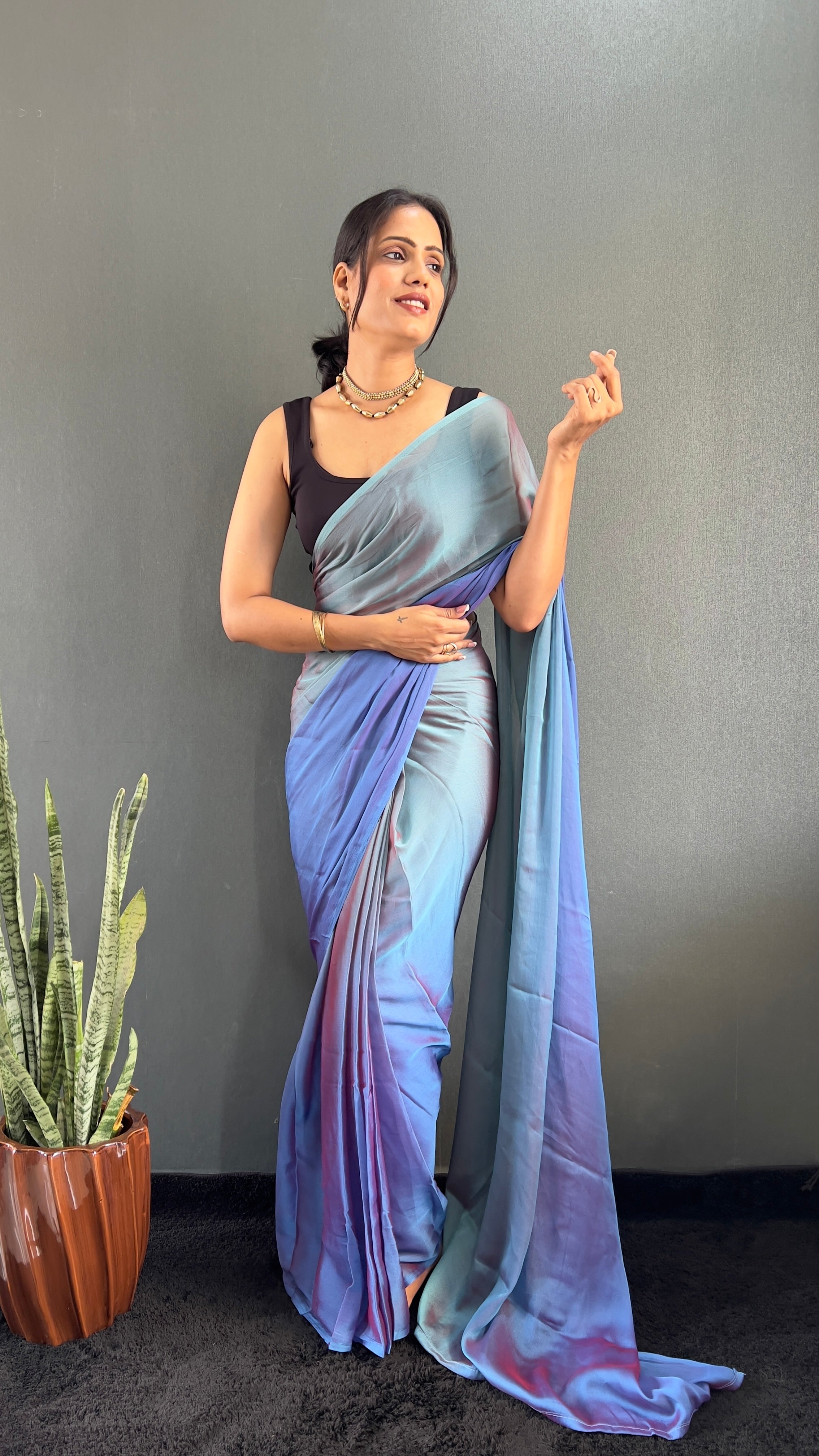 New  One Minute Ready To Wear Bluish Purple Shade Saree With Unstiched Blouse