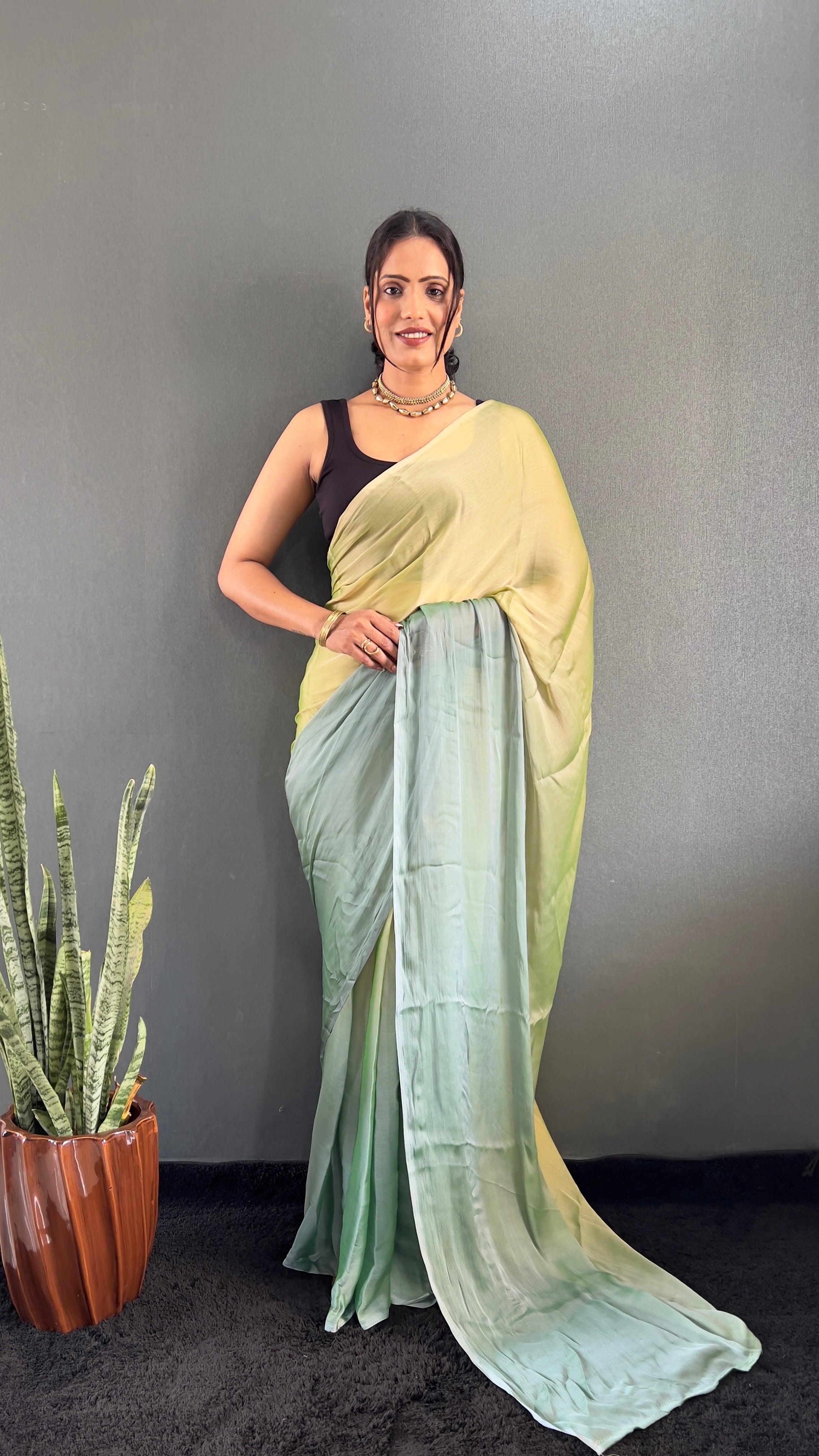 New  One Minute Ready To Wear Yellow-Green Saree With Unstiched Blouse