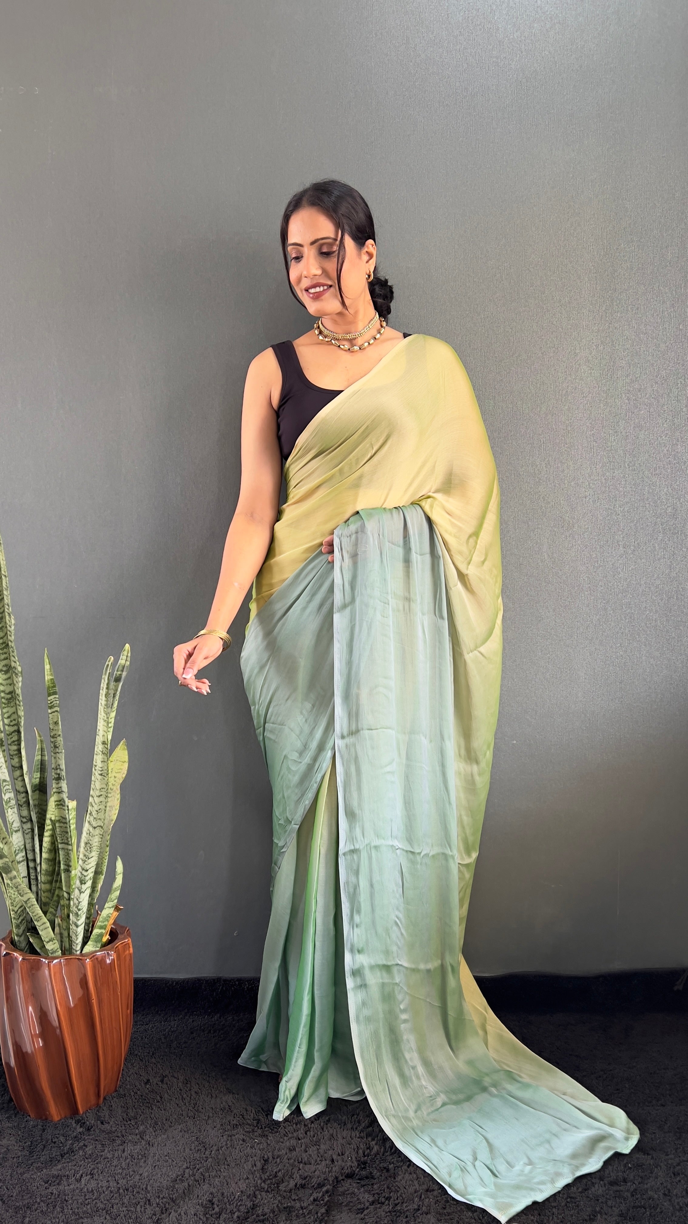 New  One Minute Ready To Wear Yellow-Green Saree With Unstiched Blouse