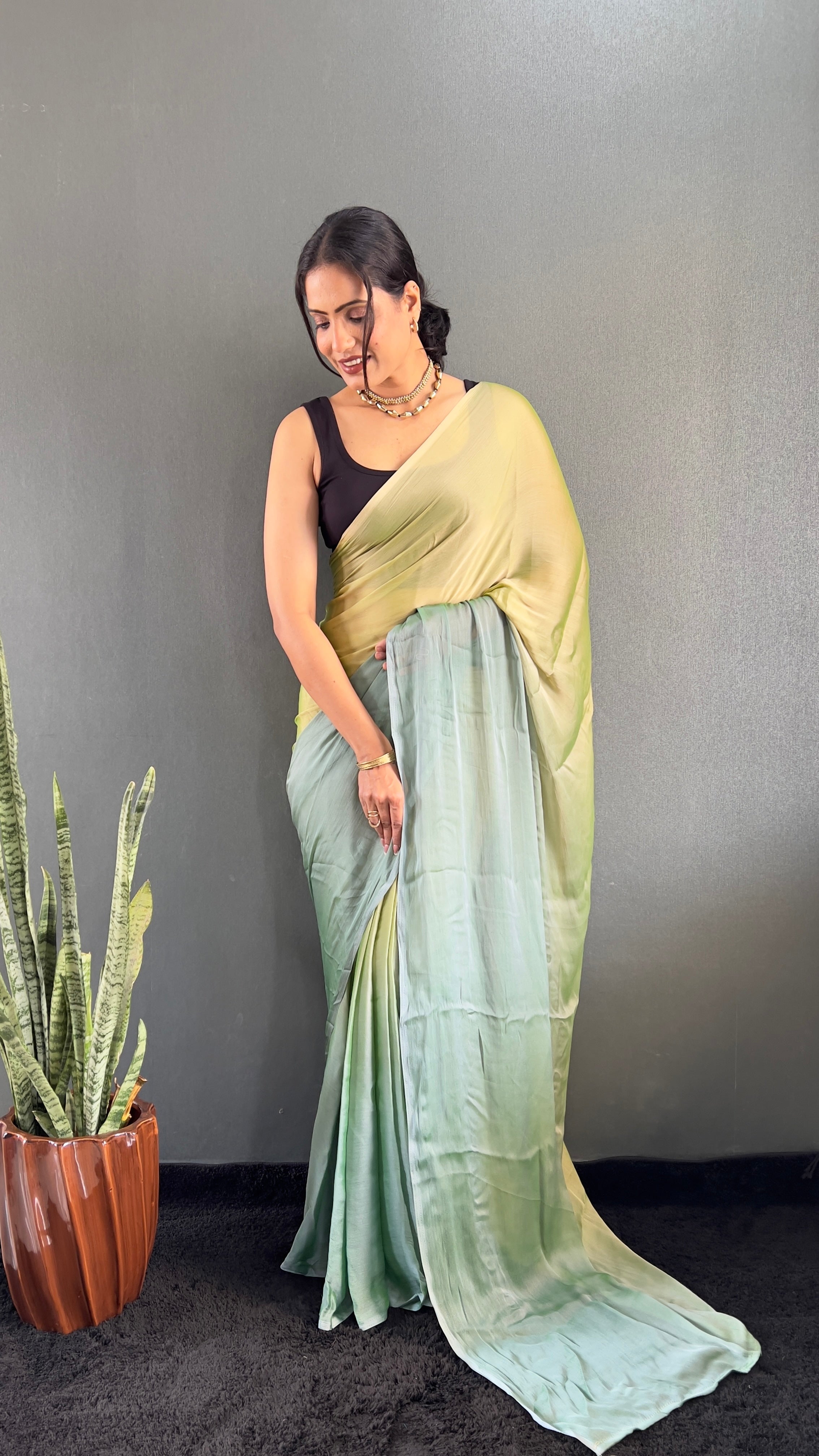 New  One Minute Ready To Wear Yellow-Green Saree With Unstiched Blouse