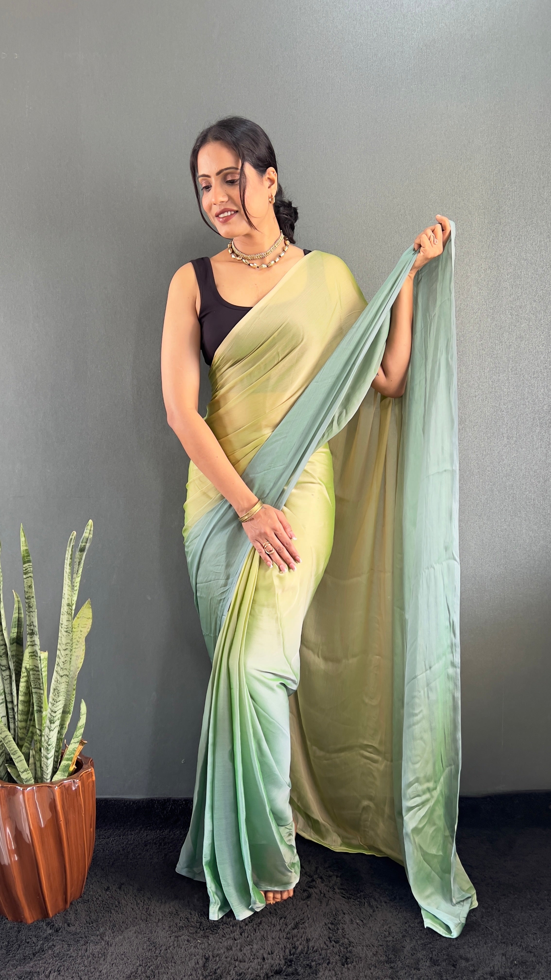 New  One Minute Ready To Wear Yellow-Green Saree With Unstiched Blouse