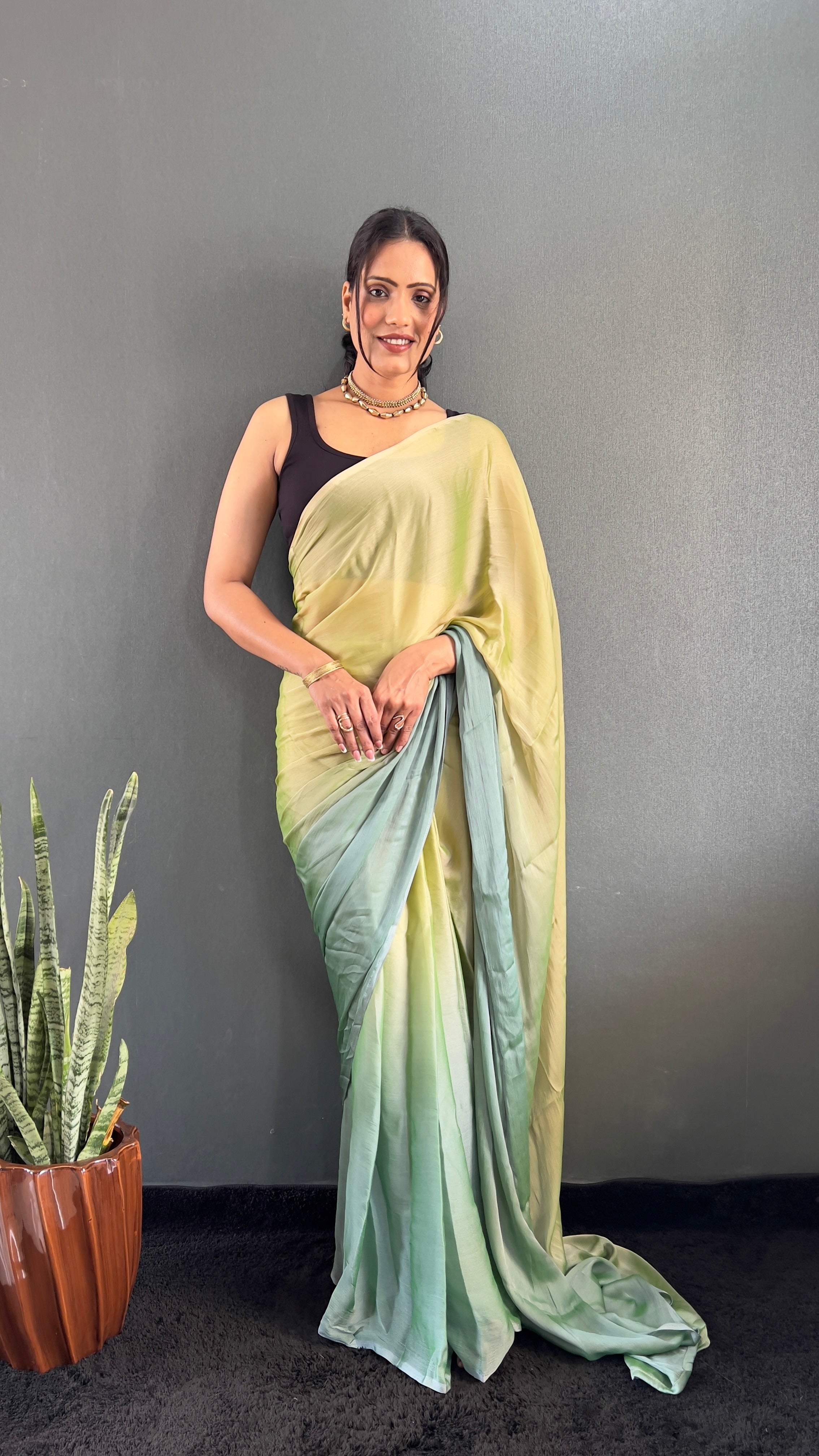 New  One Minute Ready To Wear Yellow-Green Saree With Unstiched Blouse