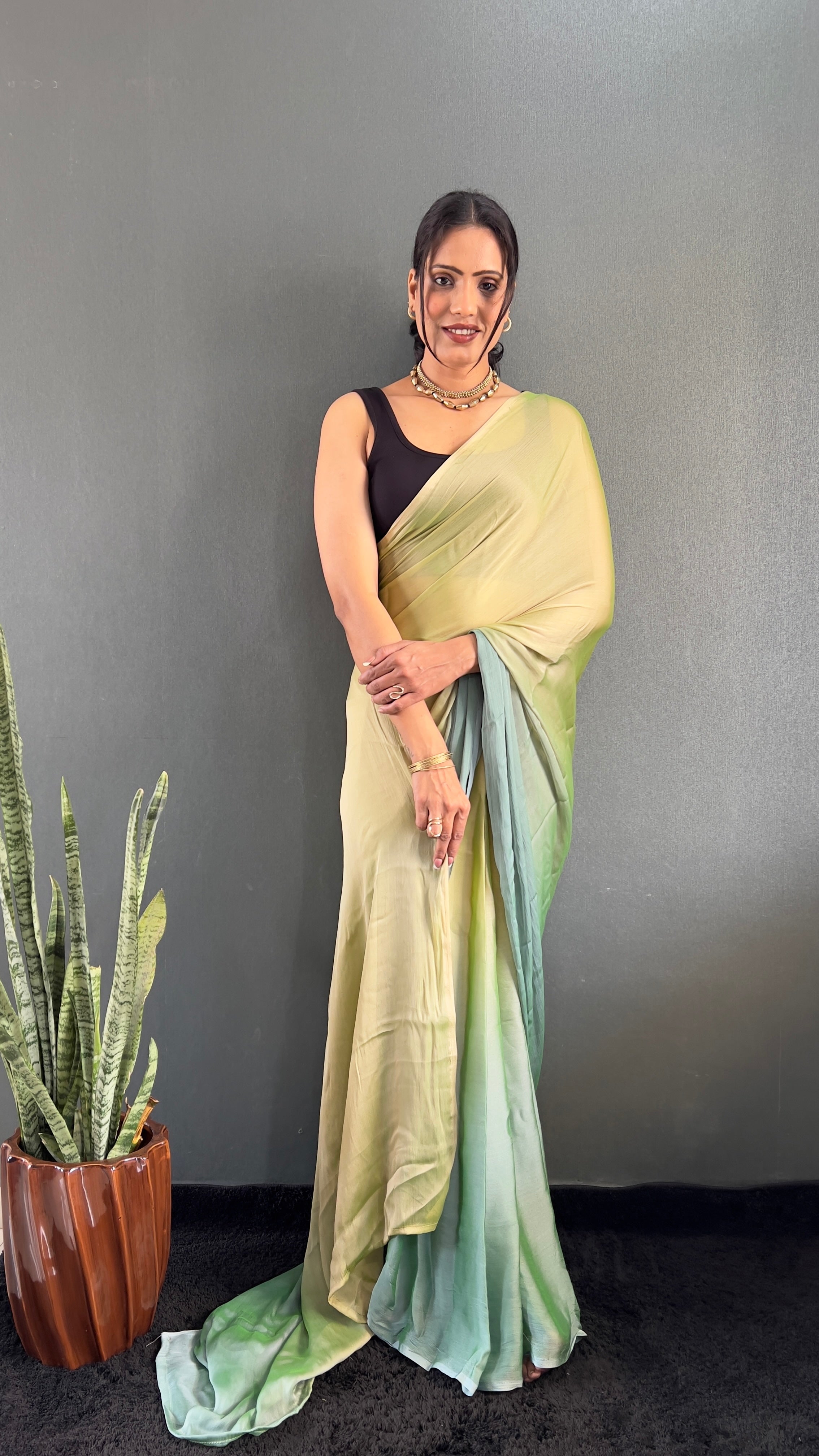 New  One Minute Ready To Wear Yellow-Green Saree With Unstiched Blouse