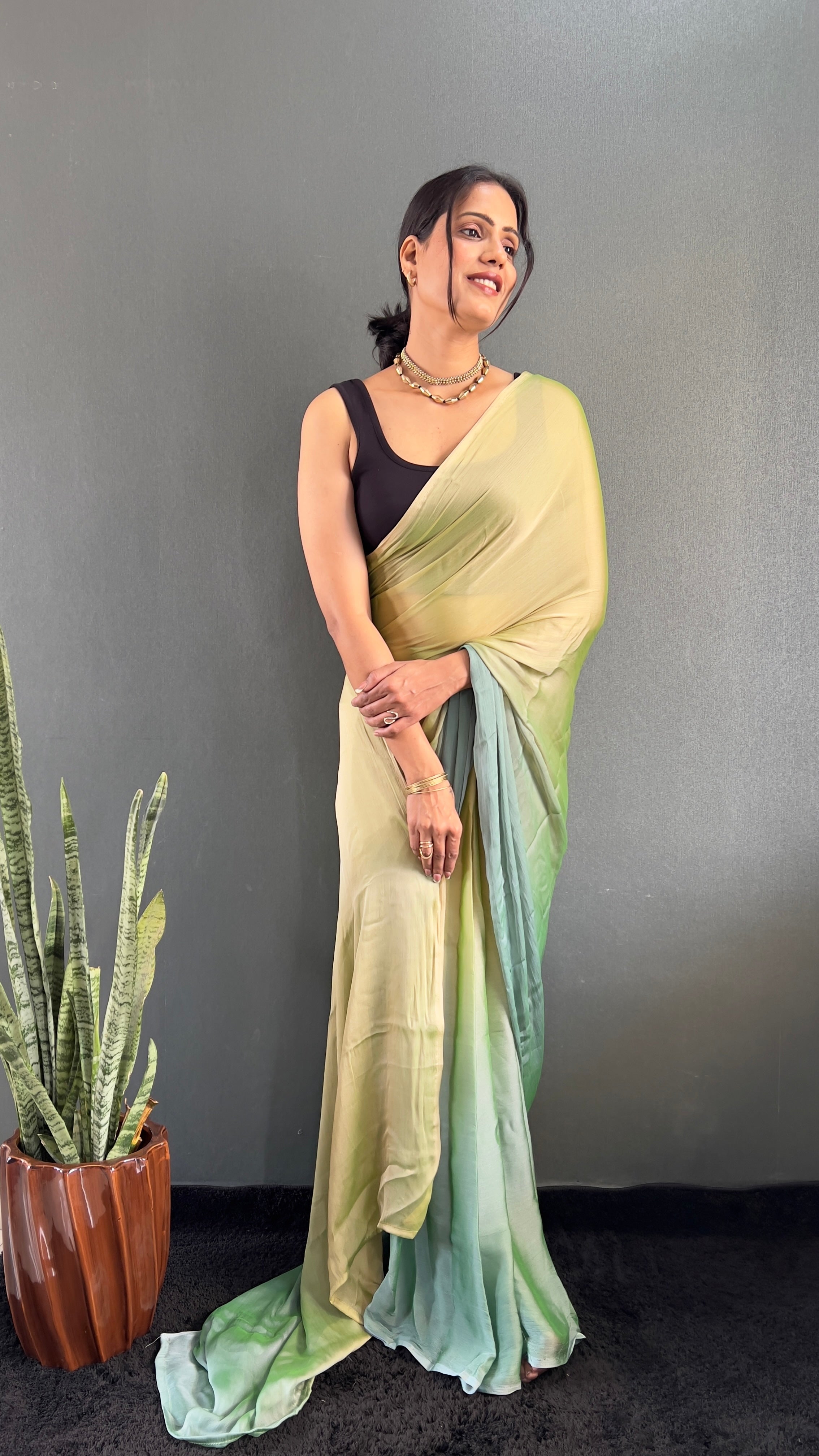 New  One Minute Ready To Wear Yellow-Green Saree With Unstiched Blouse